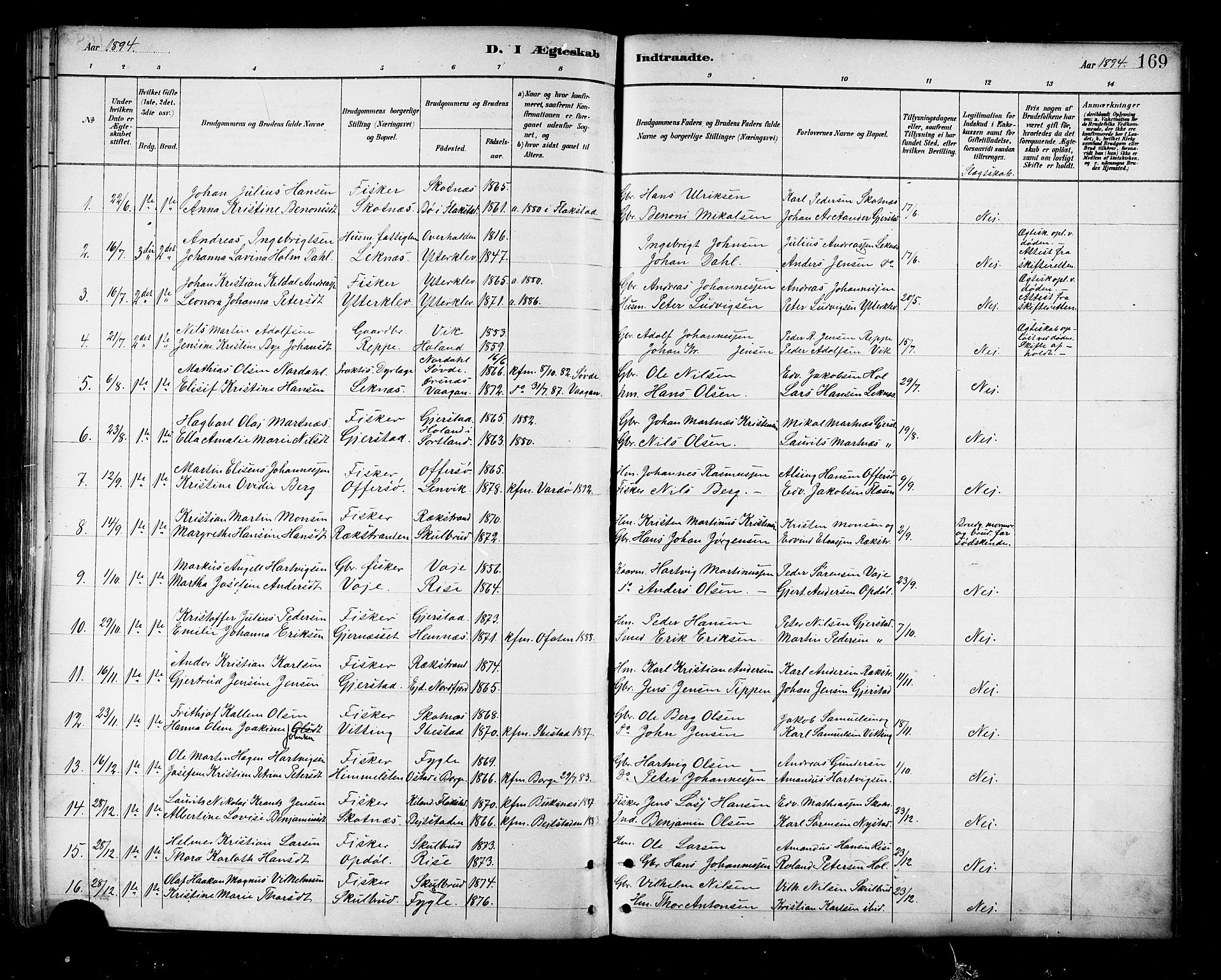 Ministerialprotokoller, klokkerbøker og fødselsregistre - Nordland, SAT/A-1459/881/L1167: Klokkerbok nr. 881C04, 1886-1899, s. 169