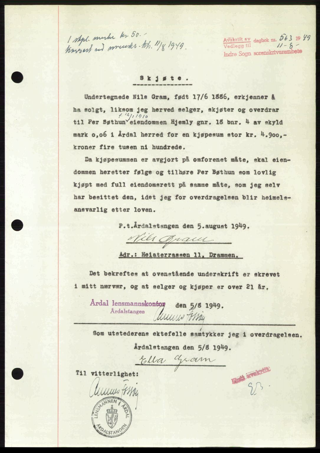 Indre Sogn tingrett, SAB/A-3301/1/G/Gb/Gbb/L0010: Pantebok nr. A10, 1949-1949, Dagboknr: 563/1949