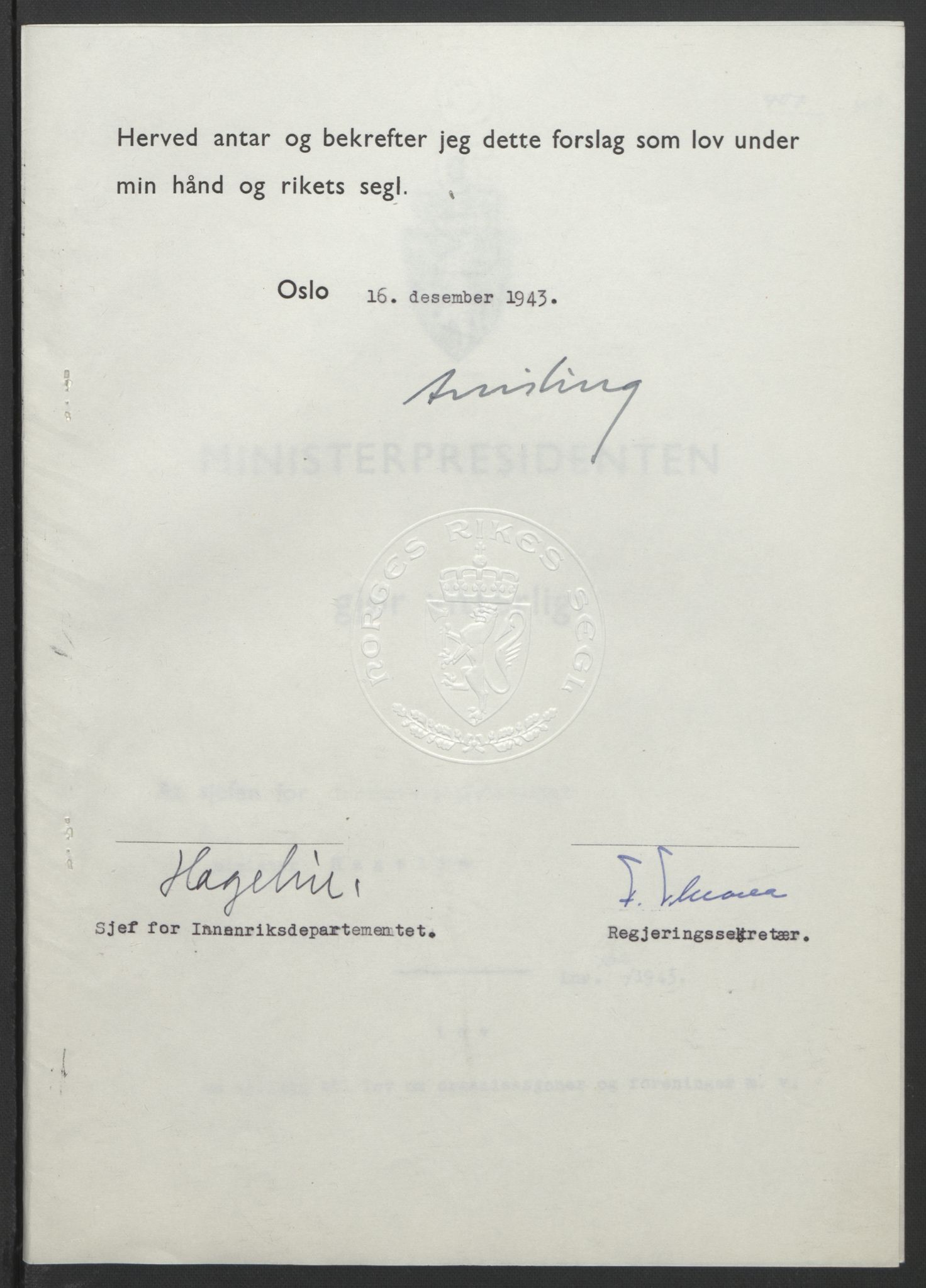 NS-administrasjonen 1940-1945 (Statsrådsekretariatet, de kommisariske statsråder mm), AV/RA-S-4279/D/Db/L0099: Lover, 1943, s. 769