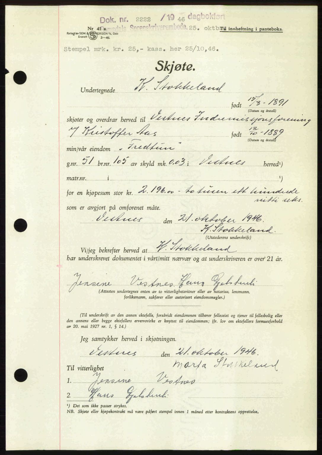 Romsdal sorenskriveri, AV/SAT-A-4149/1/2/2C: Pantebok nr. A21, 1946-1946, Dagboknr: 2222/1946