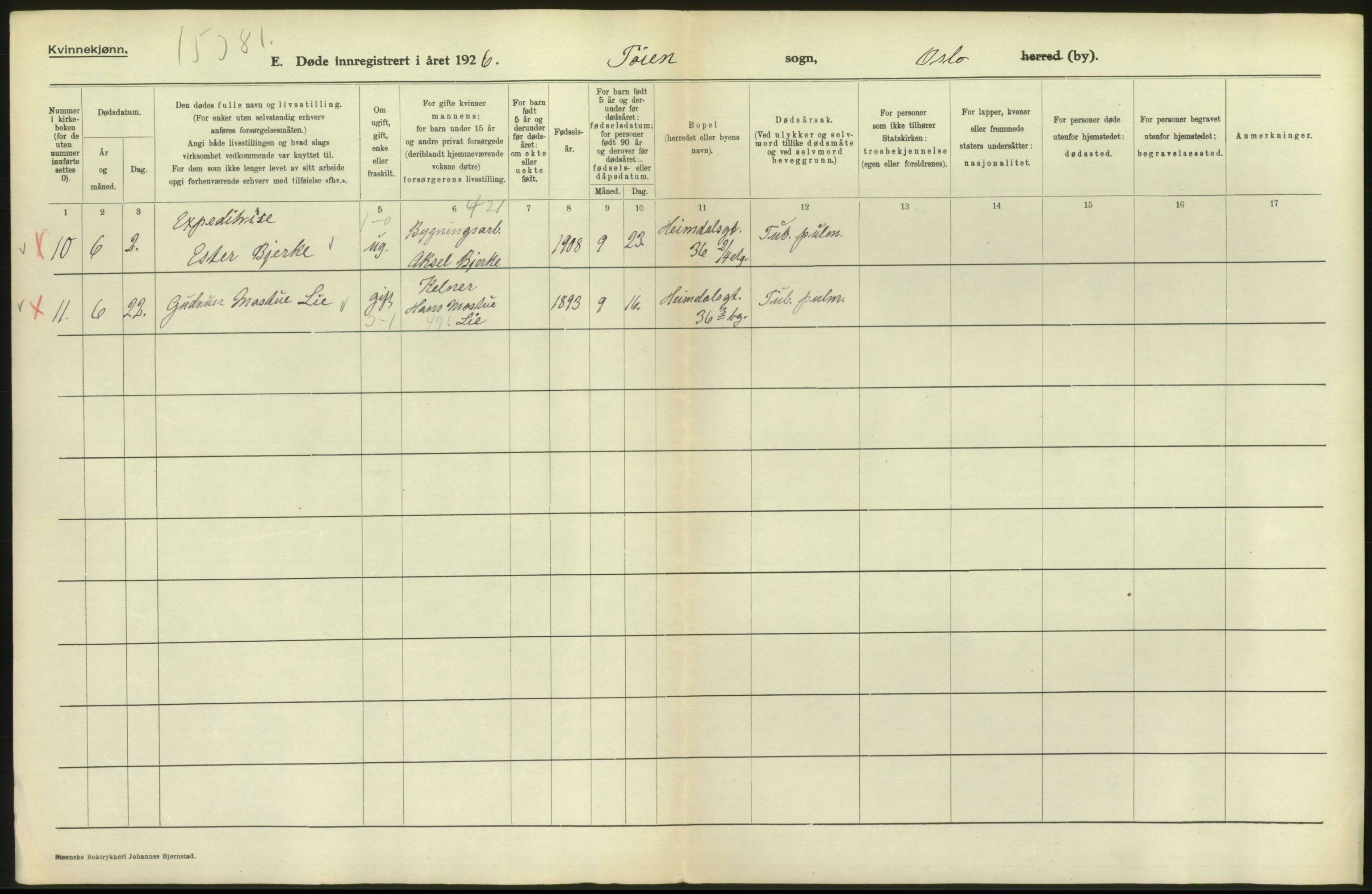 Statistisk sentralbyrå, Sosiodemografiske emner, Befolkning, AV/RA-S-2228/D/Df/Dfc/Dfcf/L0010: Oslo: Døde kvinner, dødfødte, 1926, s. 474