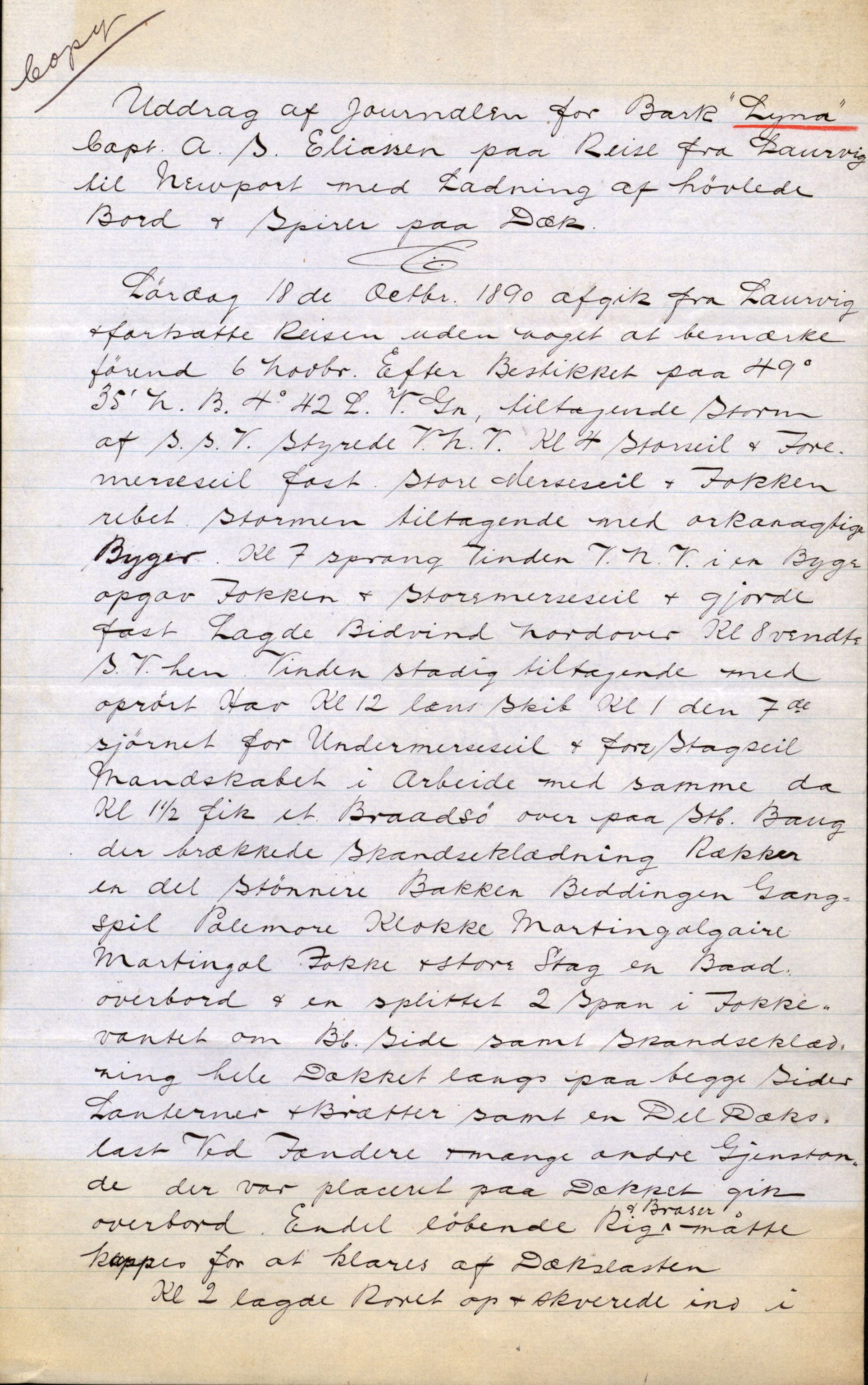 Pa 63 - Østlandske skibsassuranceforening, VEMU/A-1079/G/Ga/L0025/0005: Havaridokumenter / Jacbez, Brin, Eugenie, Lyna, Løvspring, Hurtig, 1890, s. 85