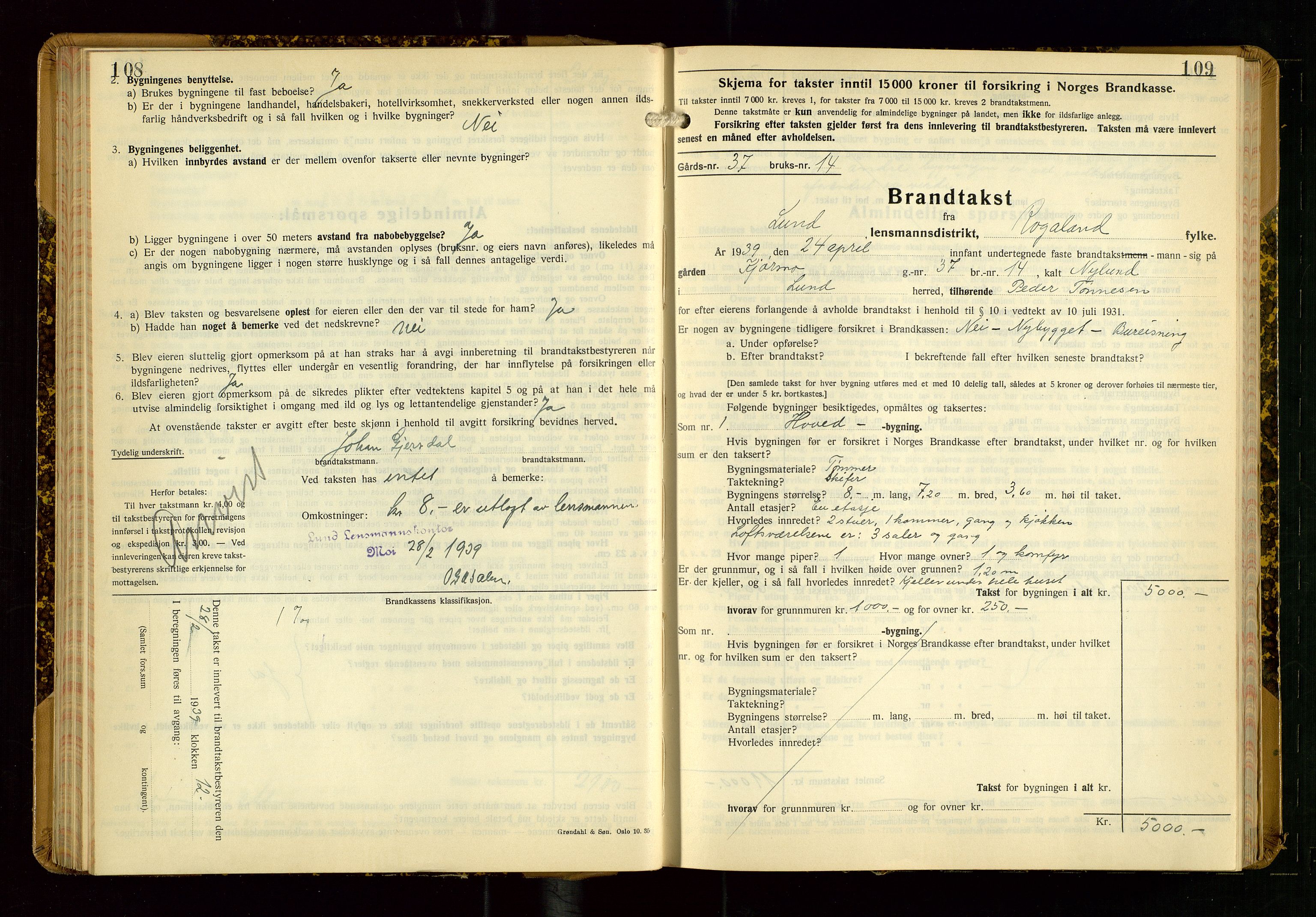 Lund lensmannskontor, AV/SAST-A-100303/Gob/L0006: "Brandtakstprotokoll", 1938-1951, s. 108-109