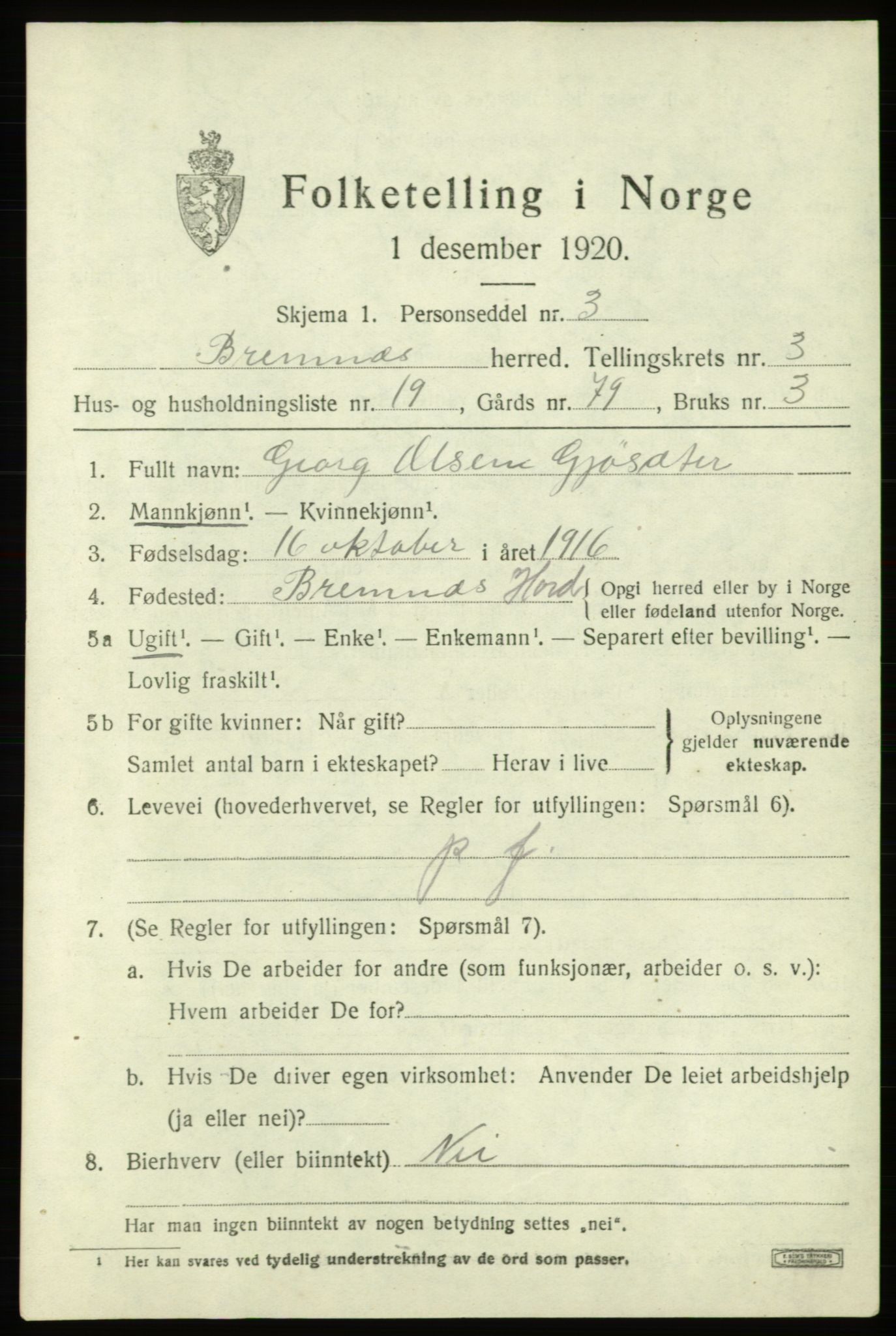 SAB, Folketelling 1920 for 1220 Bremnes herred, 1920, s. 1792
