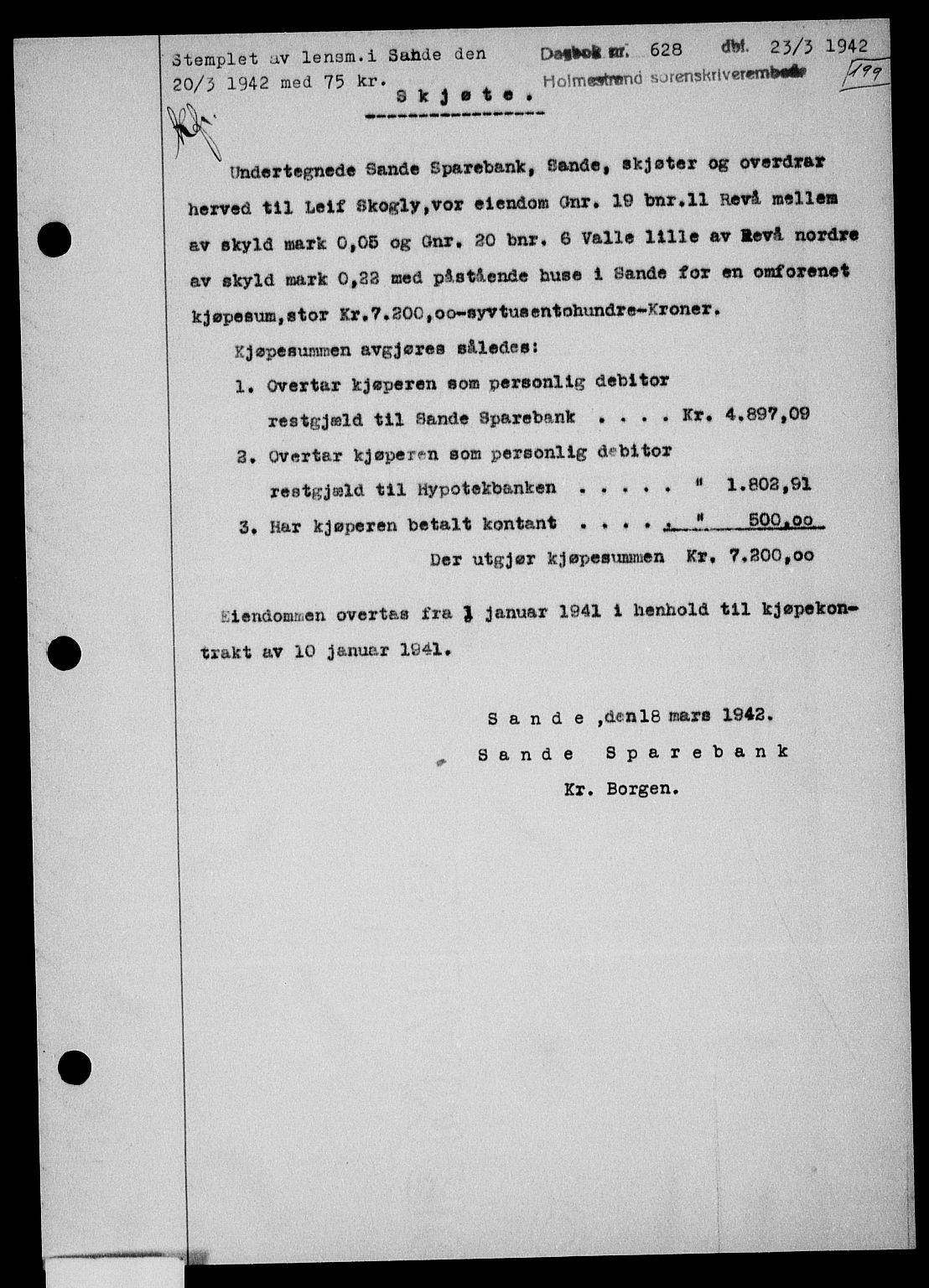 Holmestrand sorenskriveri, SAKO/A-67/G/Ga/Gaa/L0055: Pantebok nr. A-55, 1942-1942, Dagboknr: 628/1942