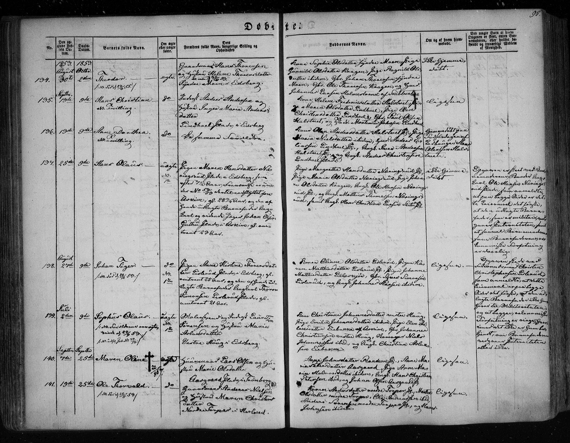 Eidsberg prestekontor Kirkebøker, AV/SAO-A-10905/F/Fa/L0009: Ministerialbok nr. I 9, 1849-1856, s. 95