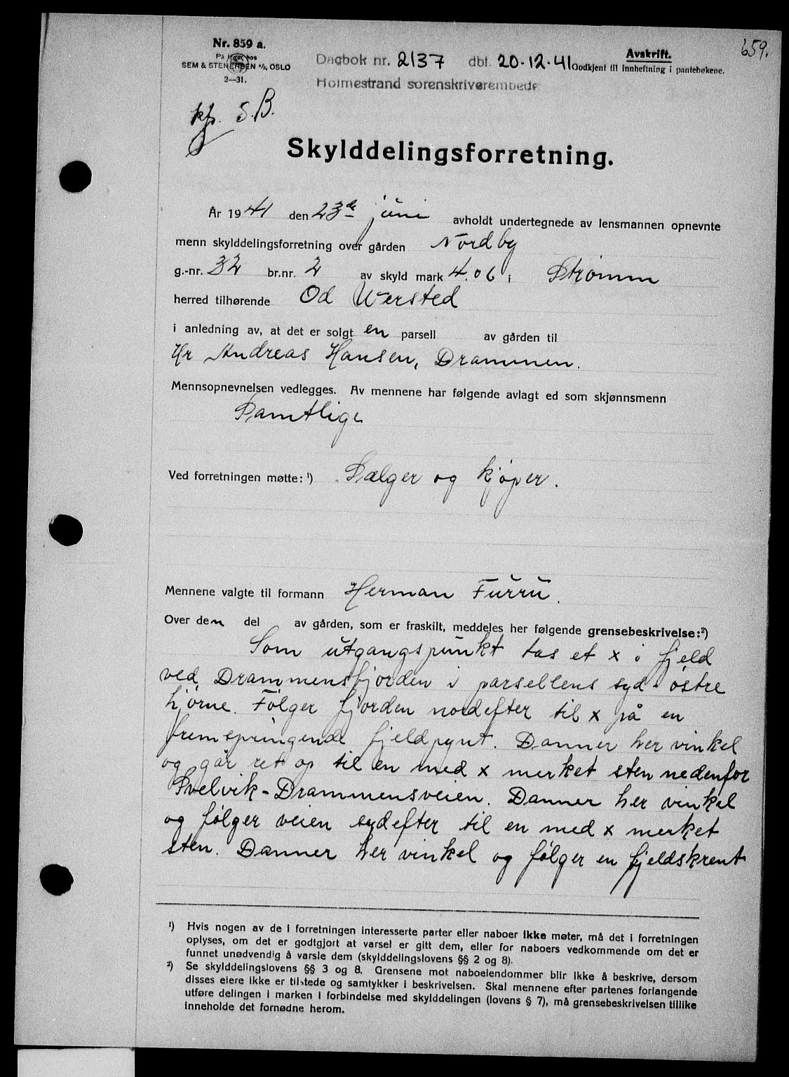 Holmestrand sorenskriveri, SAKO/A-67/G/Ga/Gaa/L0054: Pantebok nr. A-54, 1941-1942, Dagboknr: 2137/1941