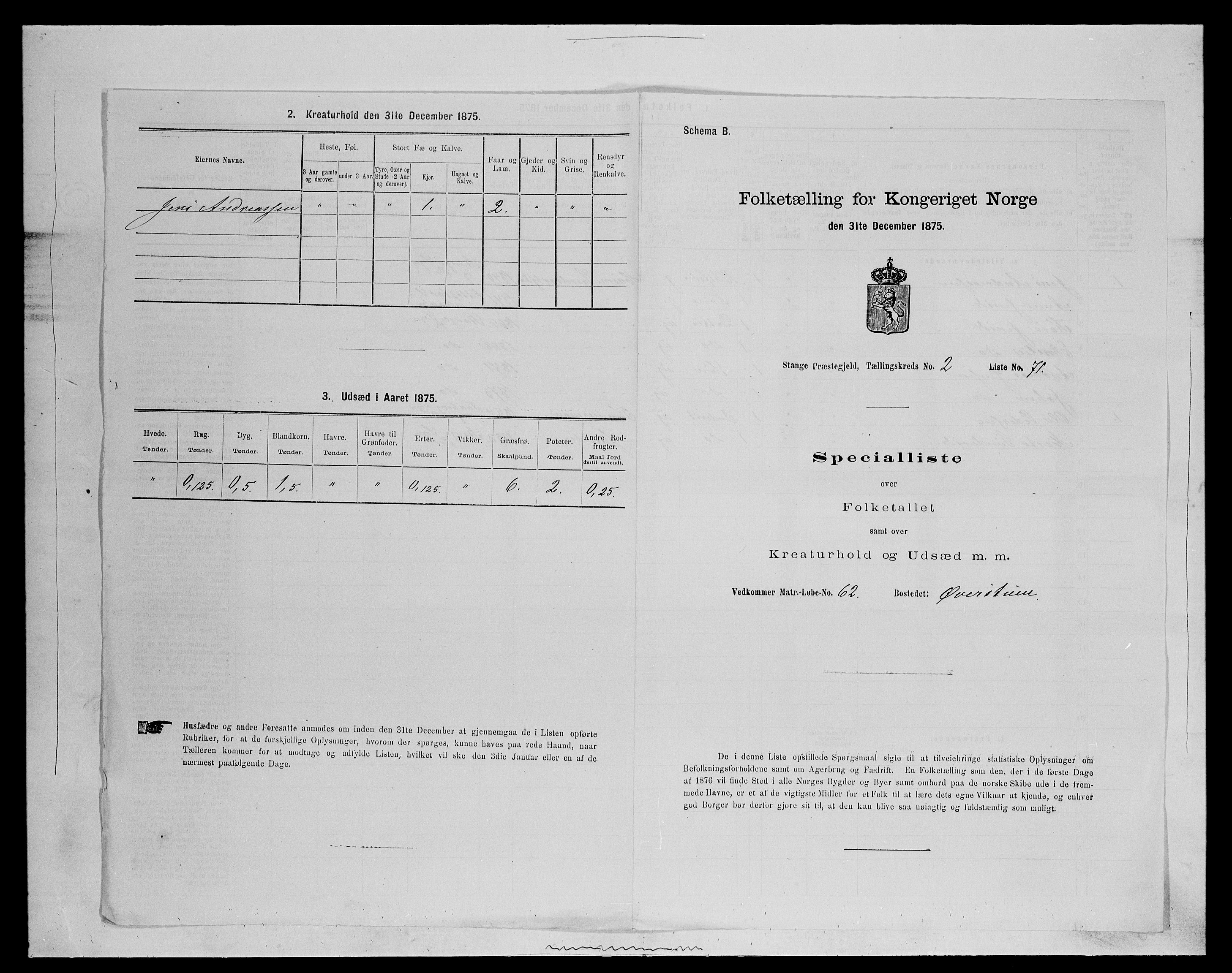 SAH, Folketelling 1875 for 0417P Stange prestegjeld, 1875, s. 422