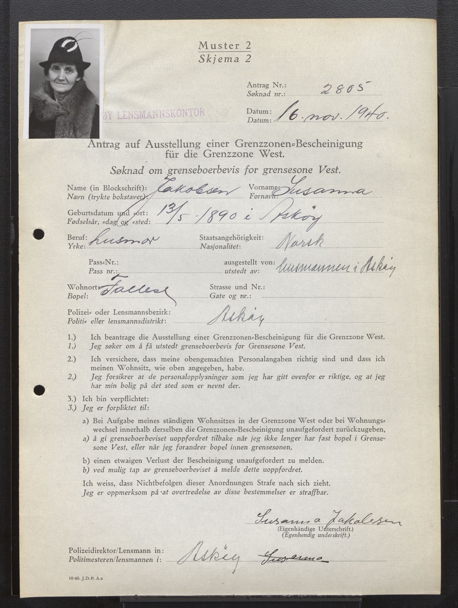 Lensmannen i Askøy, AV/SAB-A-31001/0026/L0009: Søknader om grensebuarbevis 2551 - 2975, 1940, s. 508