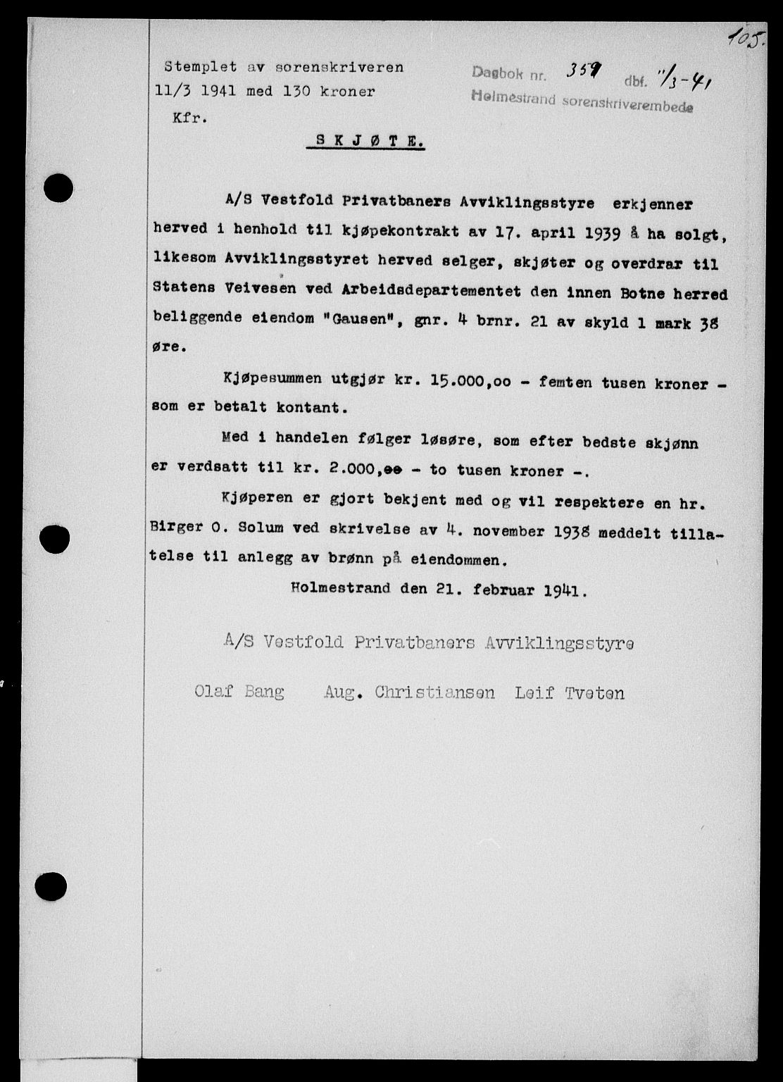 Holmestrand sorenskriveri, SAKO/A-67/G/Ga/Gaa/L0053: Pantebok nr. A-53, 1941-1941, Dagboknr: 359/1941