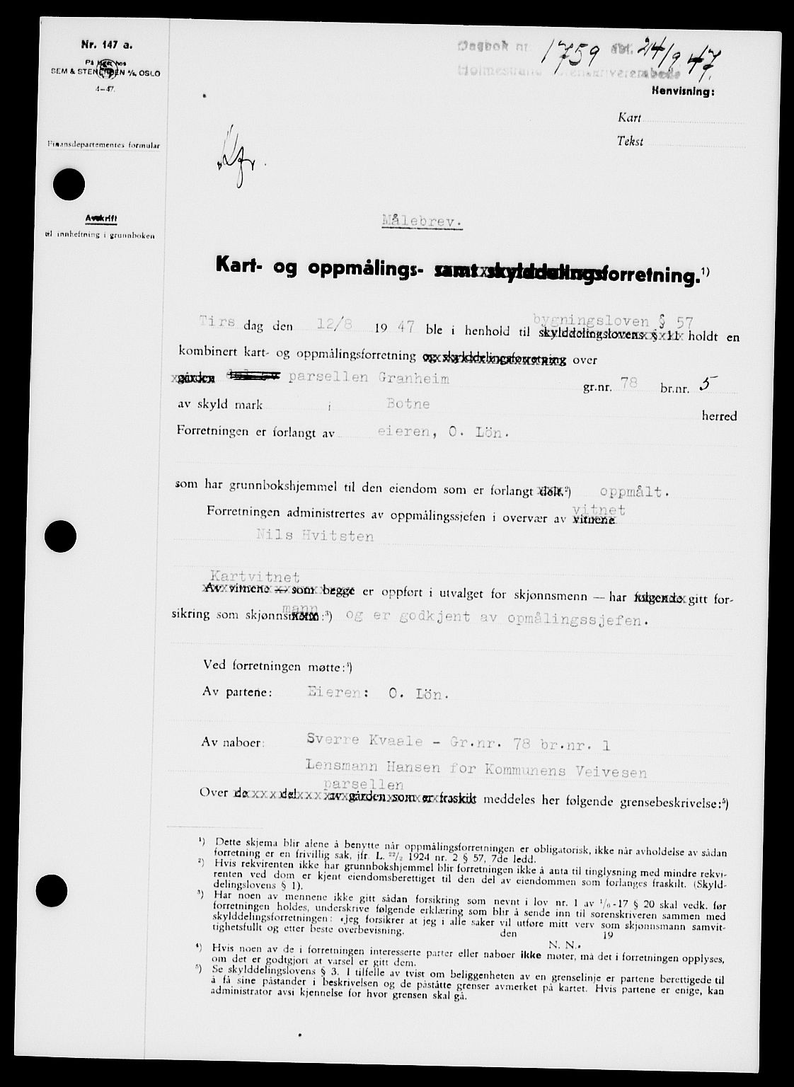 Holmestrand sorenskriveri, SAKO/A-67/G/Ga/Gaa/L0062: Pantebok nr. A-62, 1947-1947, Dagboknr: 1759/1947