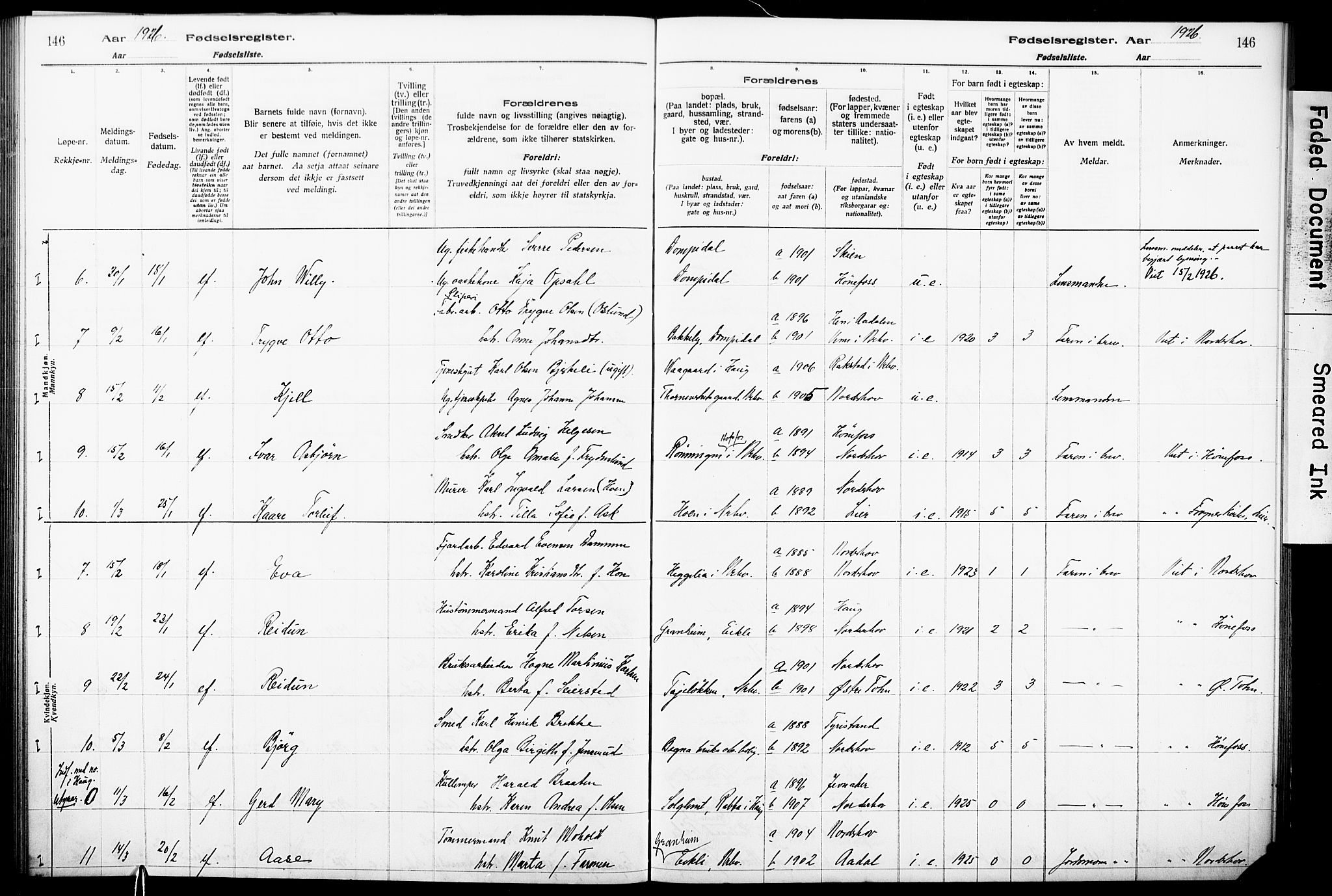 Norderhov kirkebøker, AV/SAKO-A-237/J/Ja/L0001: Fødselsregister nr. 1, 1916-1930, s. 146