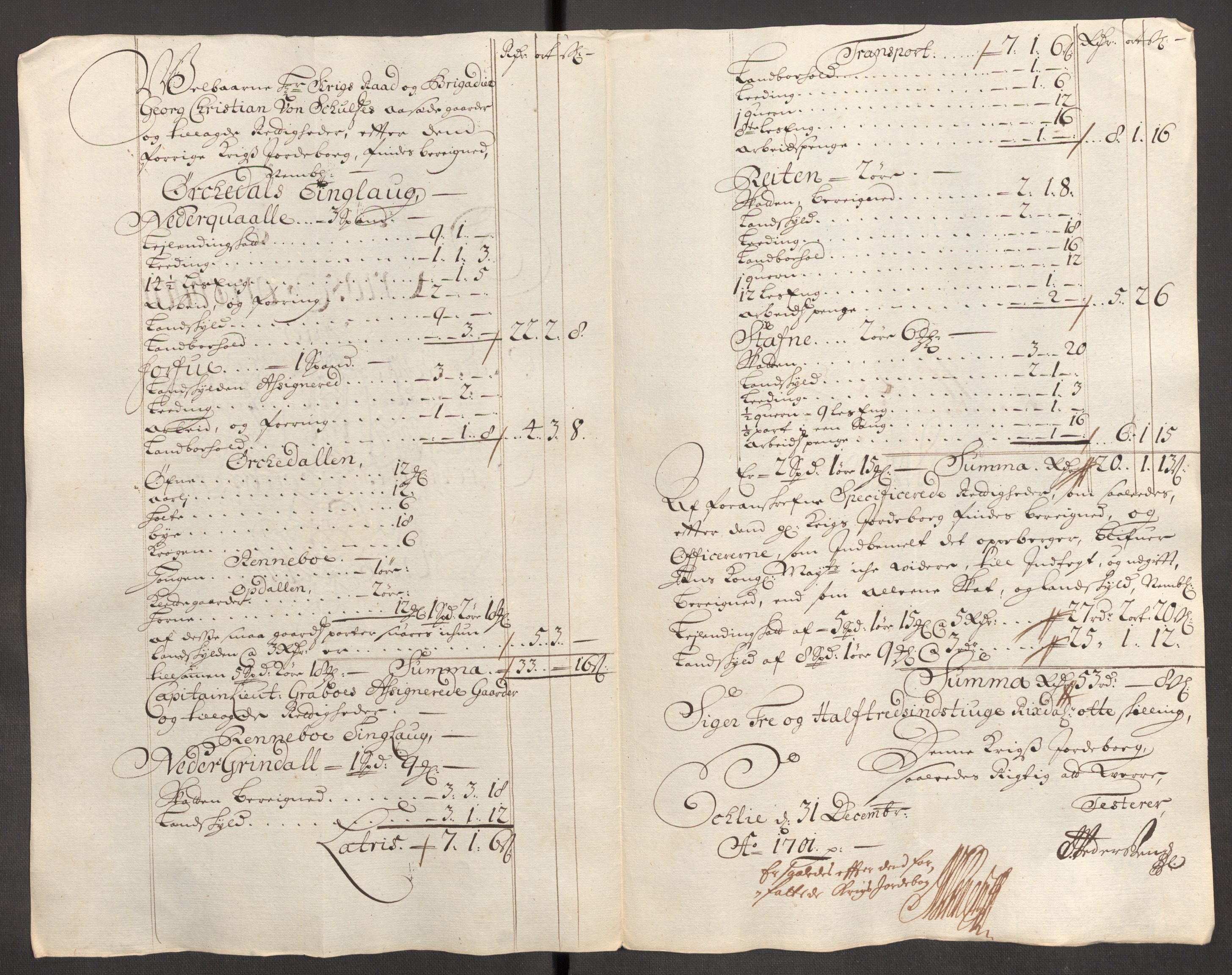 Rentekammeret inntil 1814, Reviderte regnskaper, Fogderegnskap, AV/RA-EA-4092/R60/L3951: Fogderegnskap Orkdal og Gauldal, 1701, s. 174
