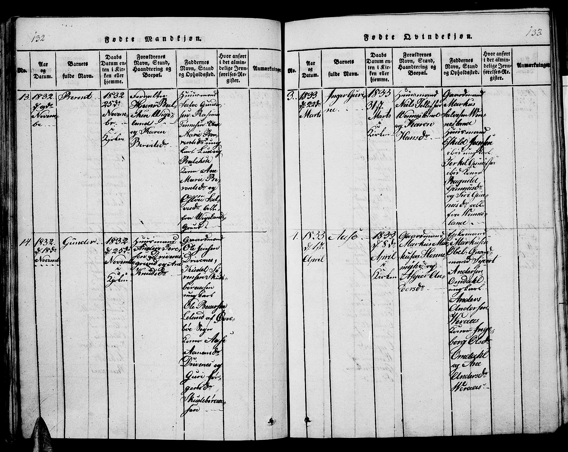 Vennesla sokneprestkontor, AV/SAK-1111-0045/Fb/Fbb/L0001: Klokkerbok nr. B 1, 1820-1834, s. 132-133