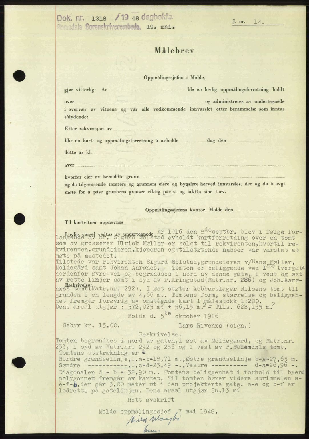 Romsdal sorenskriveri, SAT/A-4149/1/2/2C: Pantebok nr. A26, 1948-1948, Dagboknr: 1218/1948