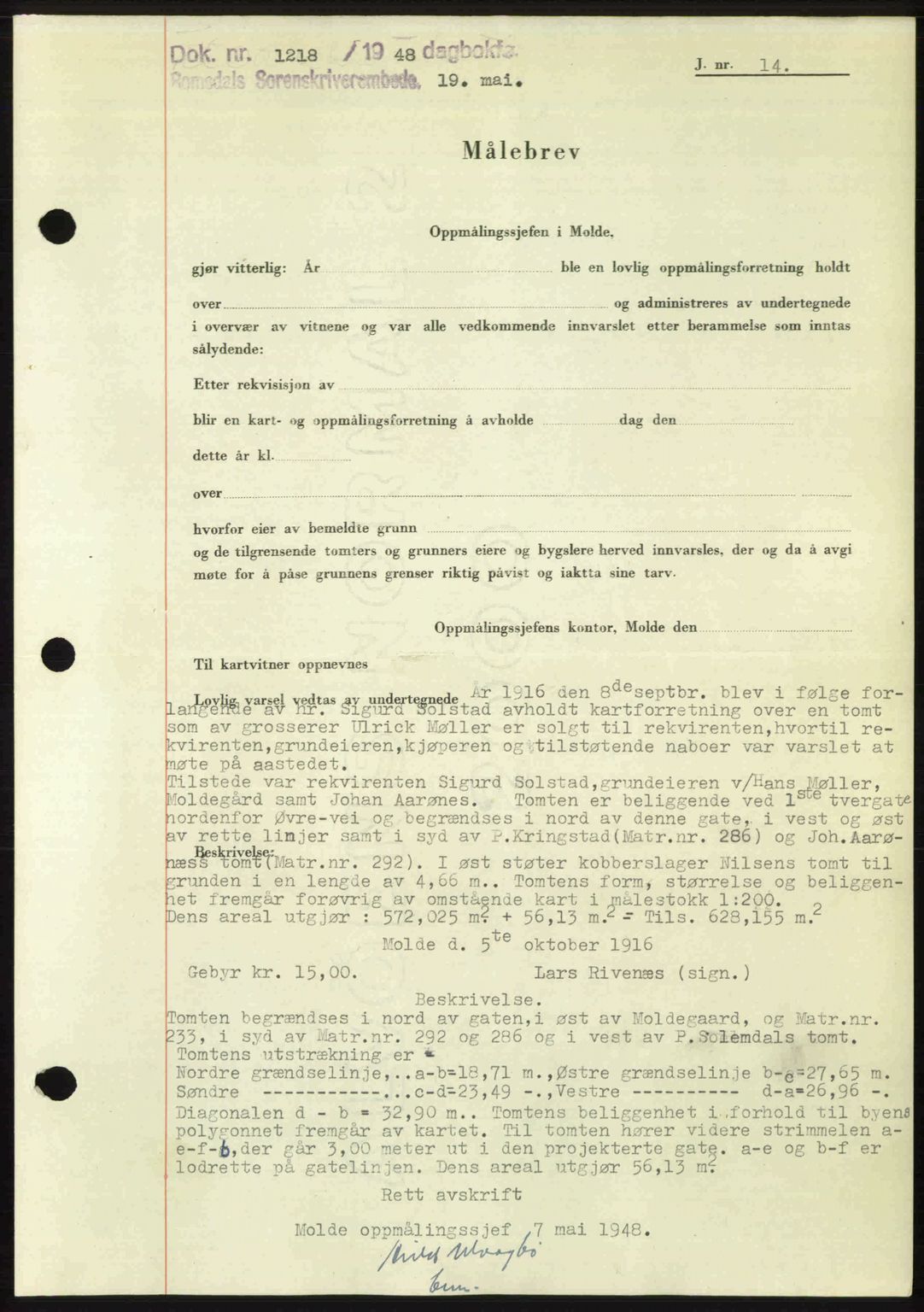 Romsdal sorenskriveri, AV/SAT-A-4149/1/2/2C: Pantebok nr. A26, 1948-1948, Dagboknr: 1218/1948