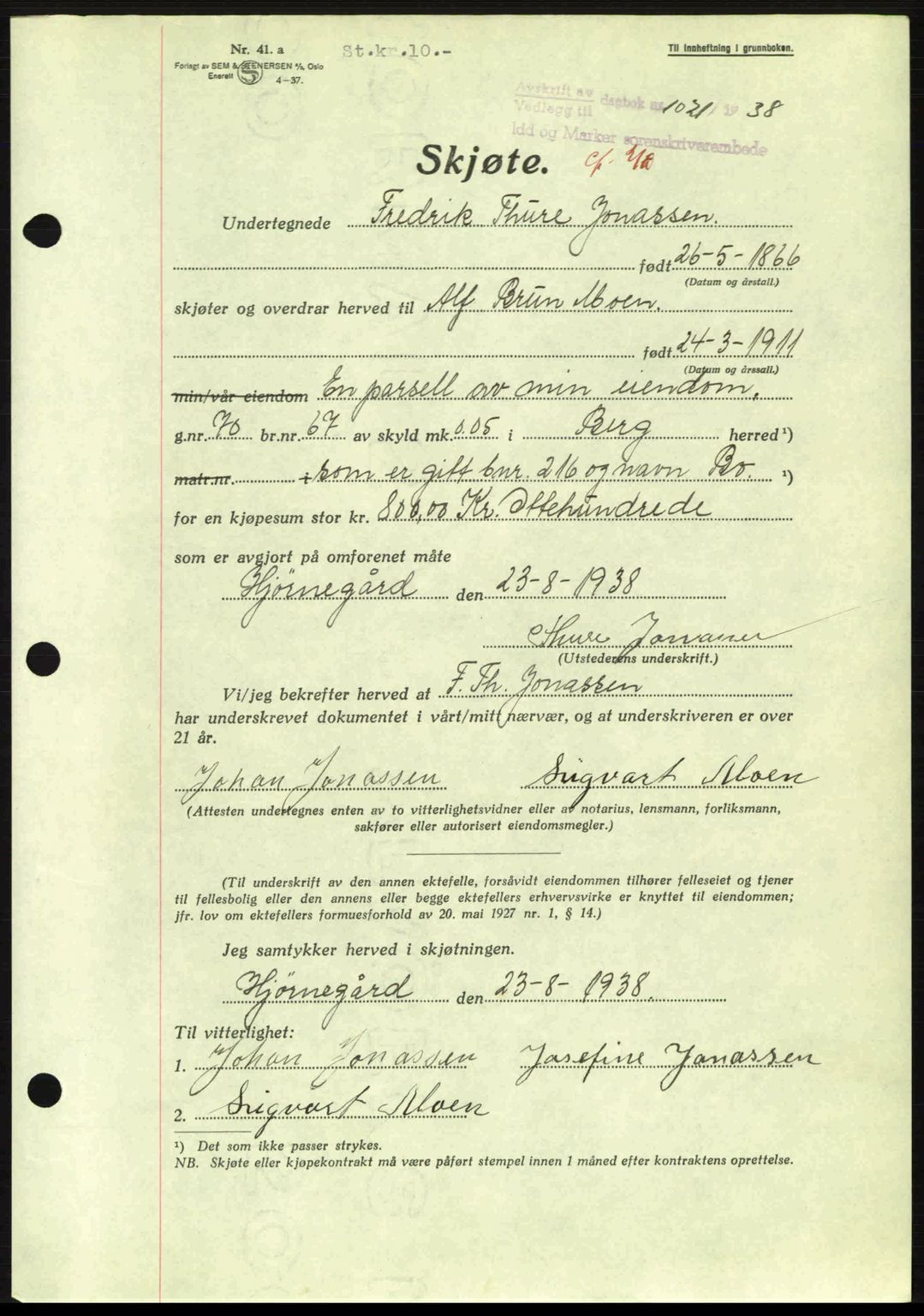 Idd og Marker sorenskriveri, AV/SAO-A-10283/G/Gb/Gbb/L0002: Pantebok nr. A2, 1937-1938, Dagboknr: 1021/1938