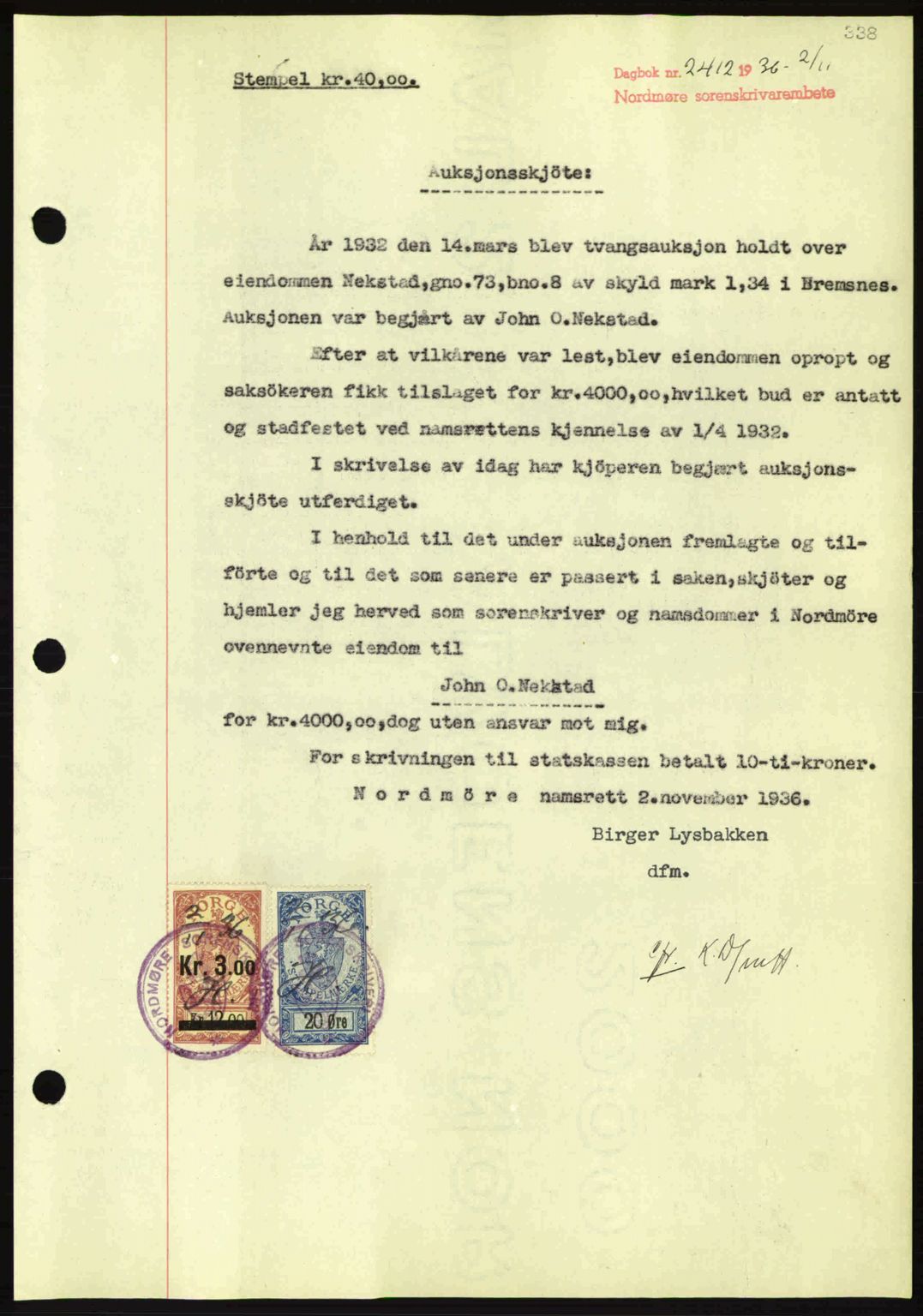 Nordmøre sorenskriveri, SAT/A-4132/1/2/2Ca: Pantebok nr. A80, 1936-1937, Dagboknr: 2412/1936