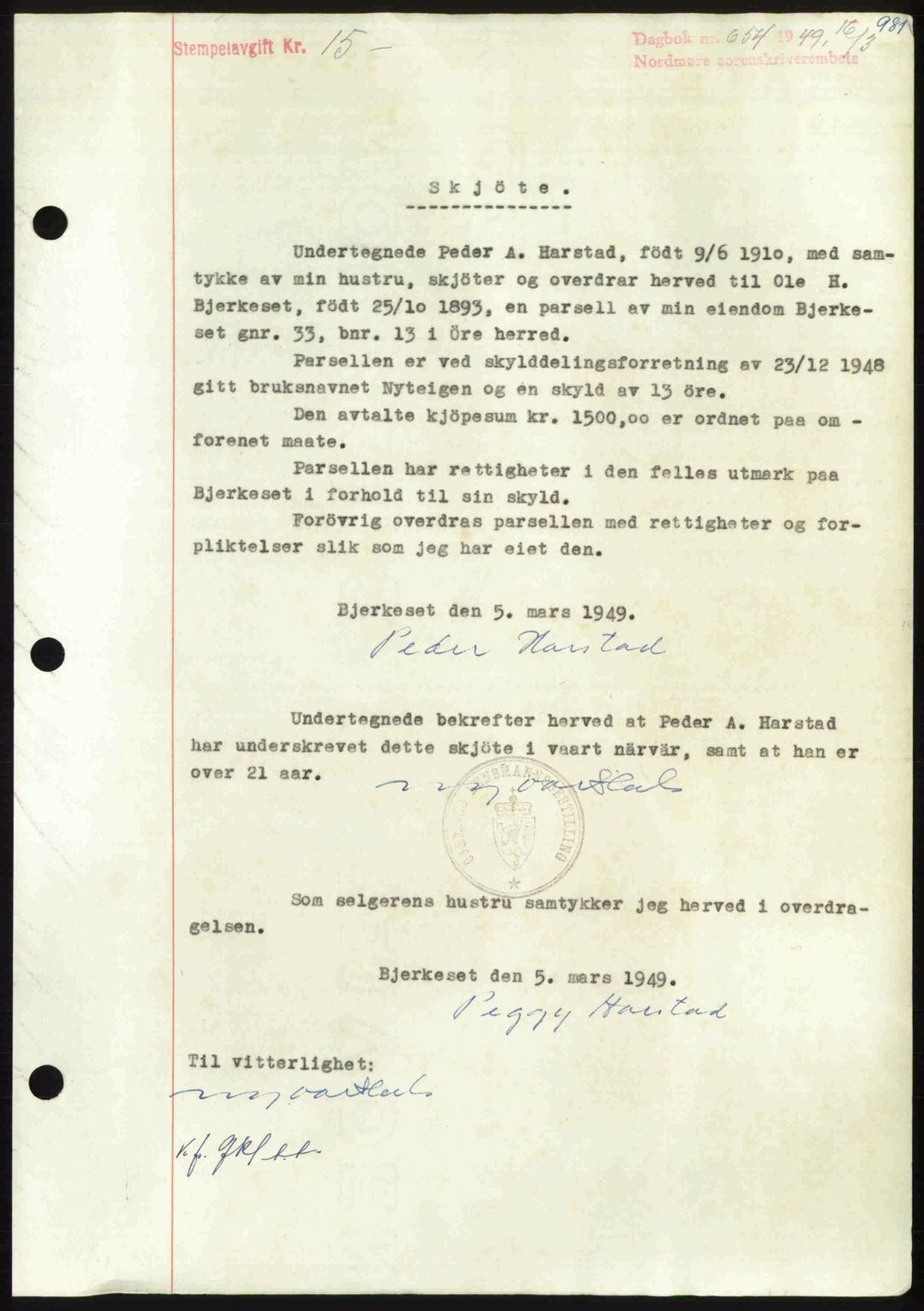 Nordmøre sorenskriveri, SAT/A-4132/1/2/2Ca: Pantebok nr. A110, 1948-1949, Dagboknr: 654/1949