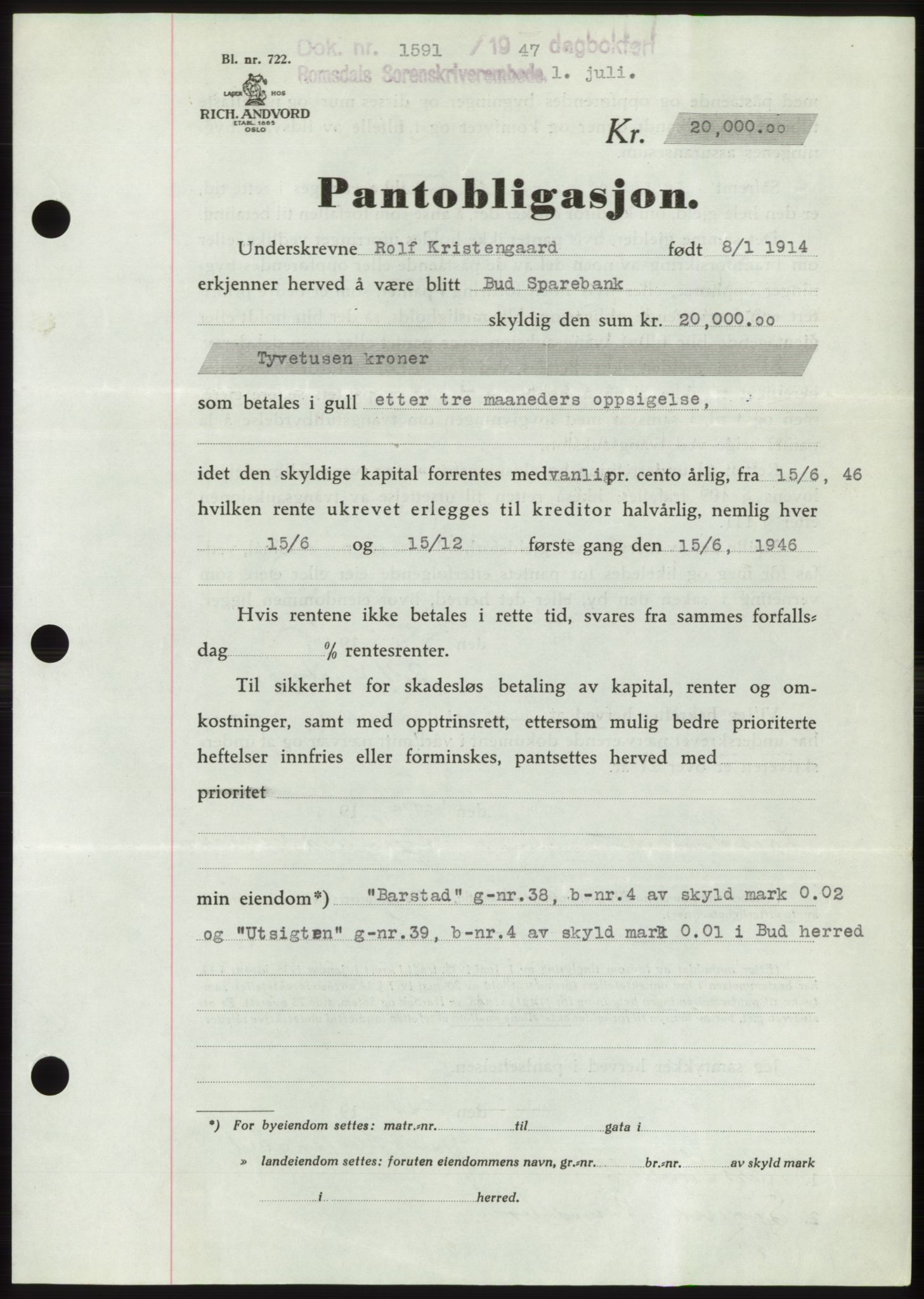 Romsdal sorenskriveri, SAT/A-4149/1/2/2C: Pantebok nr. B3, 1946-1948, Dagboknr: 1591/1947
