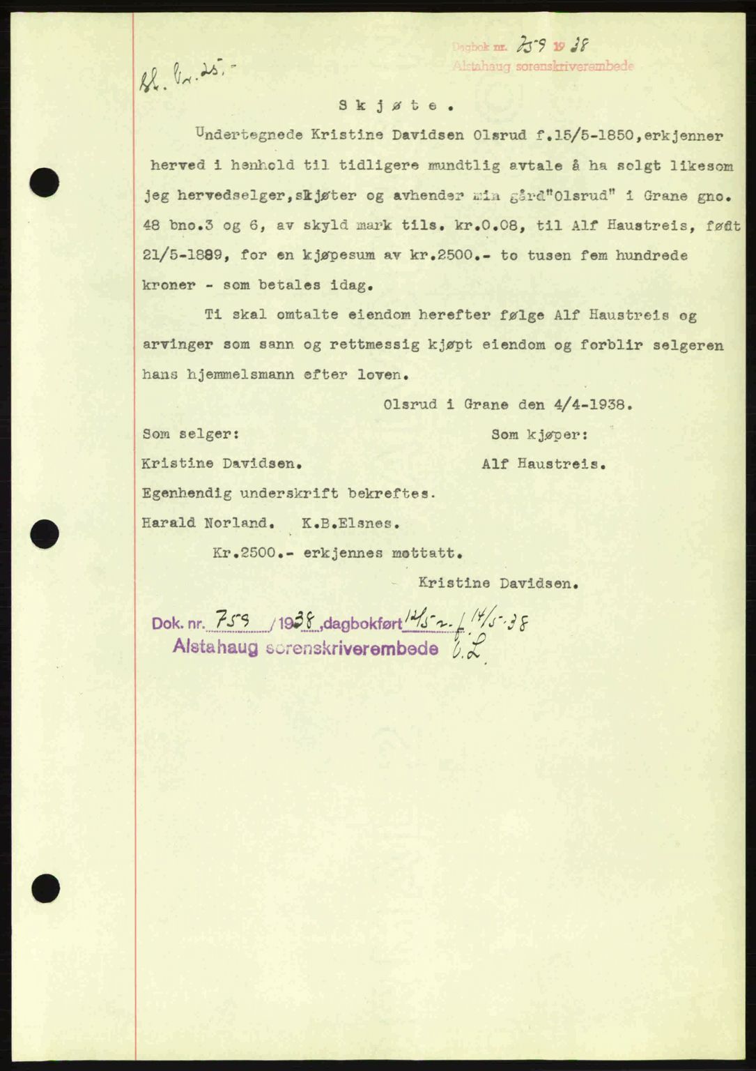 Alstahaug sorenskriveri, SAT/A-1009: Pantebok nr. A3, 1937-1938, Dagboknr: 759/1938