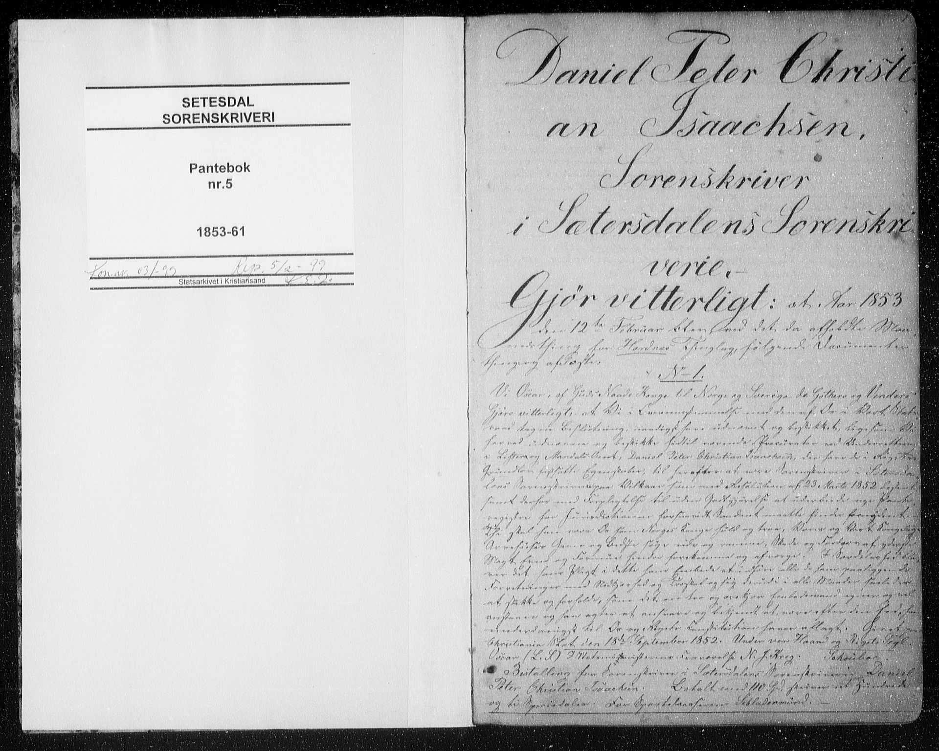 Setesdal sorenskriveri, SAK/1221-0011/G/Gb/L0006: Pantebok nr. 5, 1853-1861, s. 1
