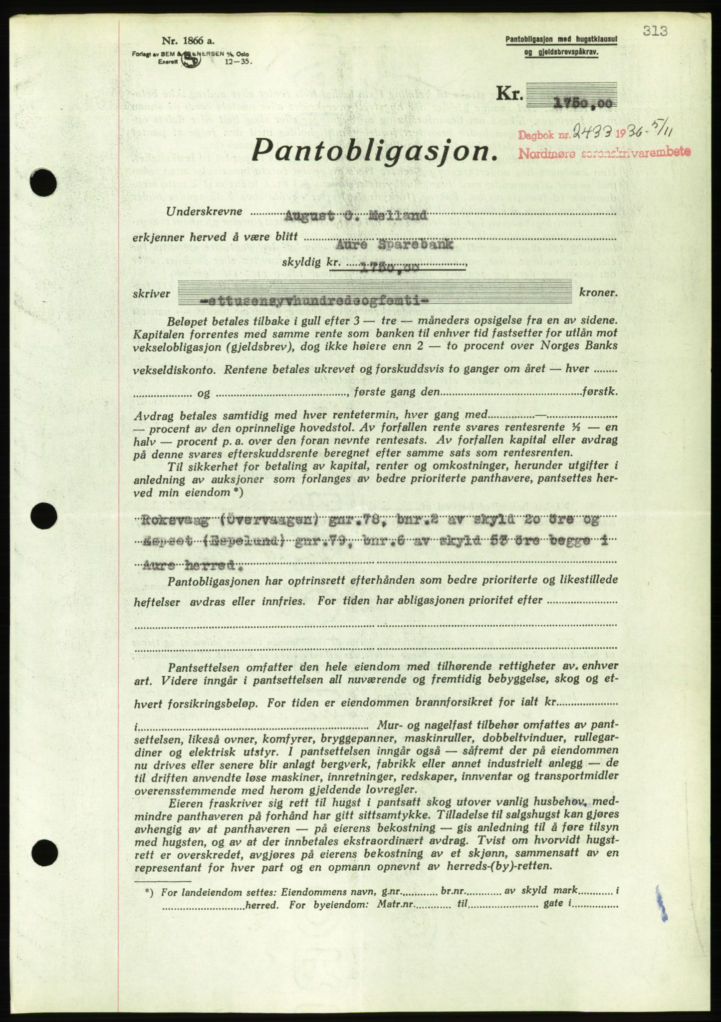 Nordmøre sorenskriveri, AV/SAT-A-4132/1/2/2Ca/L0090: Pantebok nr. B80, 1936-1937, Dagboknr: 2433/1936