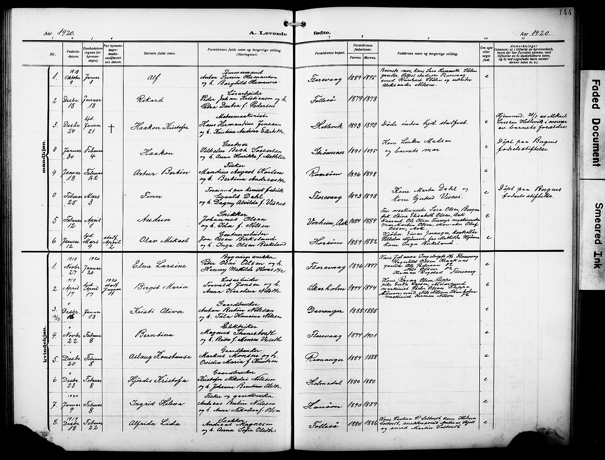Askøy Sokneprestembete, AV/SAB-A-74101/H/Ha/Hab/Haba/L0011: Klokkerbok nr. A 11, 1908-1931, s. 144