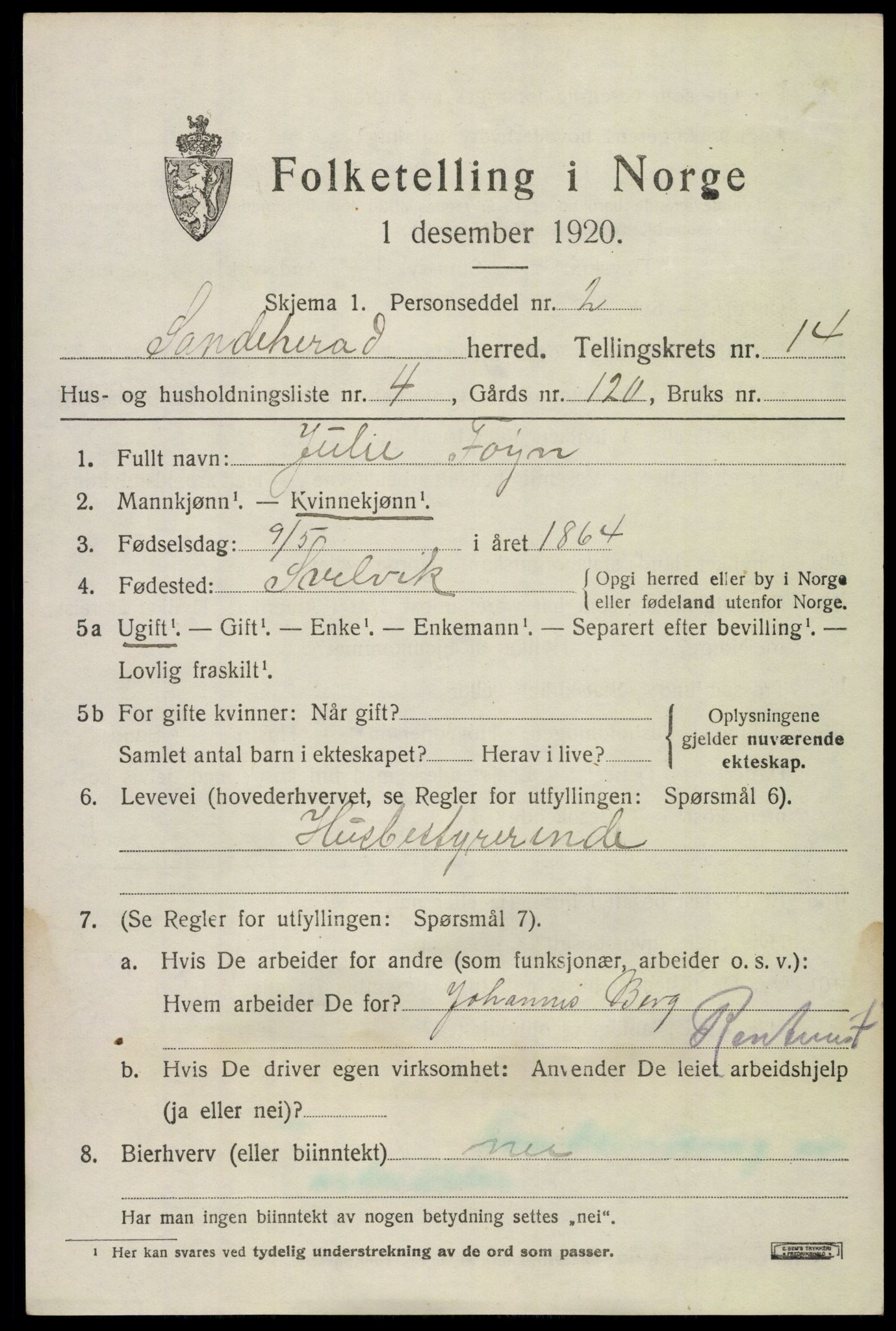 SAKO, Folketelling 1920 for 0724 Sandeherred herred, 1920, s. 20230