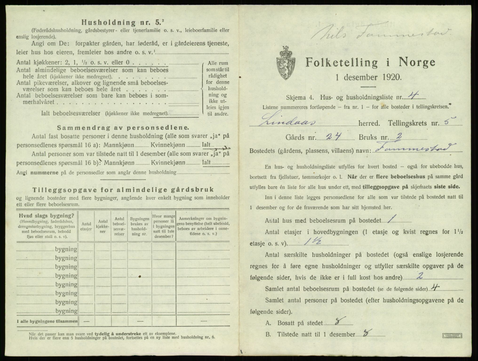 SAB, Folketelling 1920 for 1263 Lindås herred, 1920, s. 291