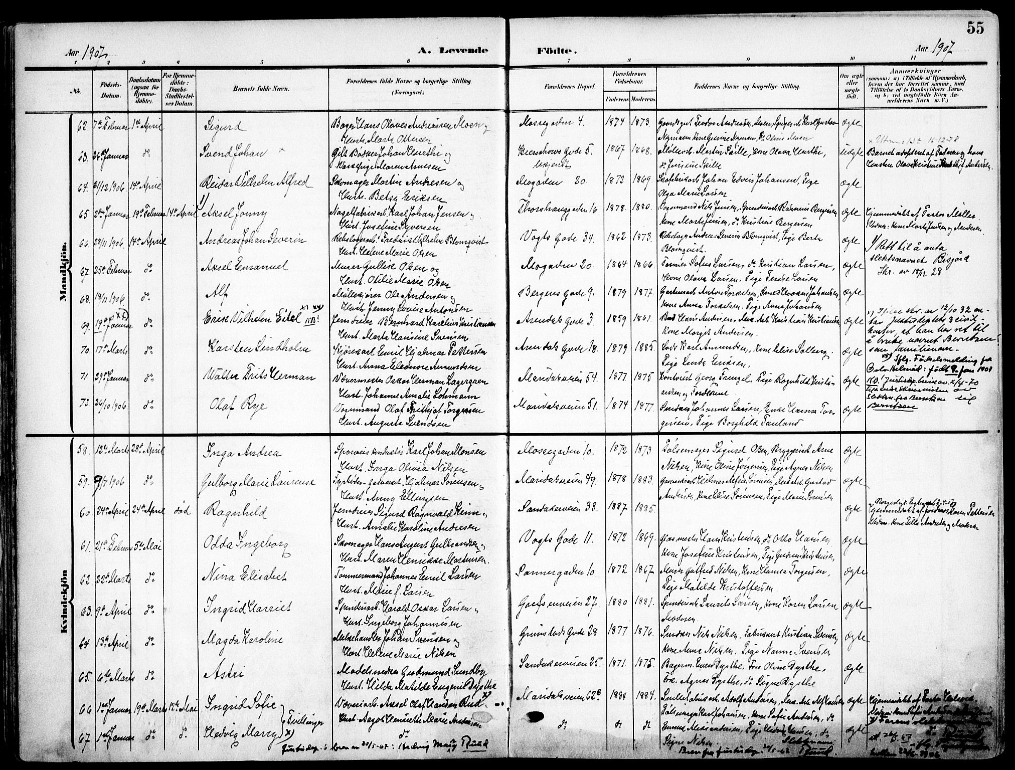Sagene prestekontor Kirkebøker, AV/SAO-A-10796/F/L0007: Ministerialbok nr. 7, 1905-1915, s. 55