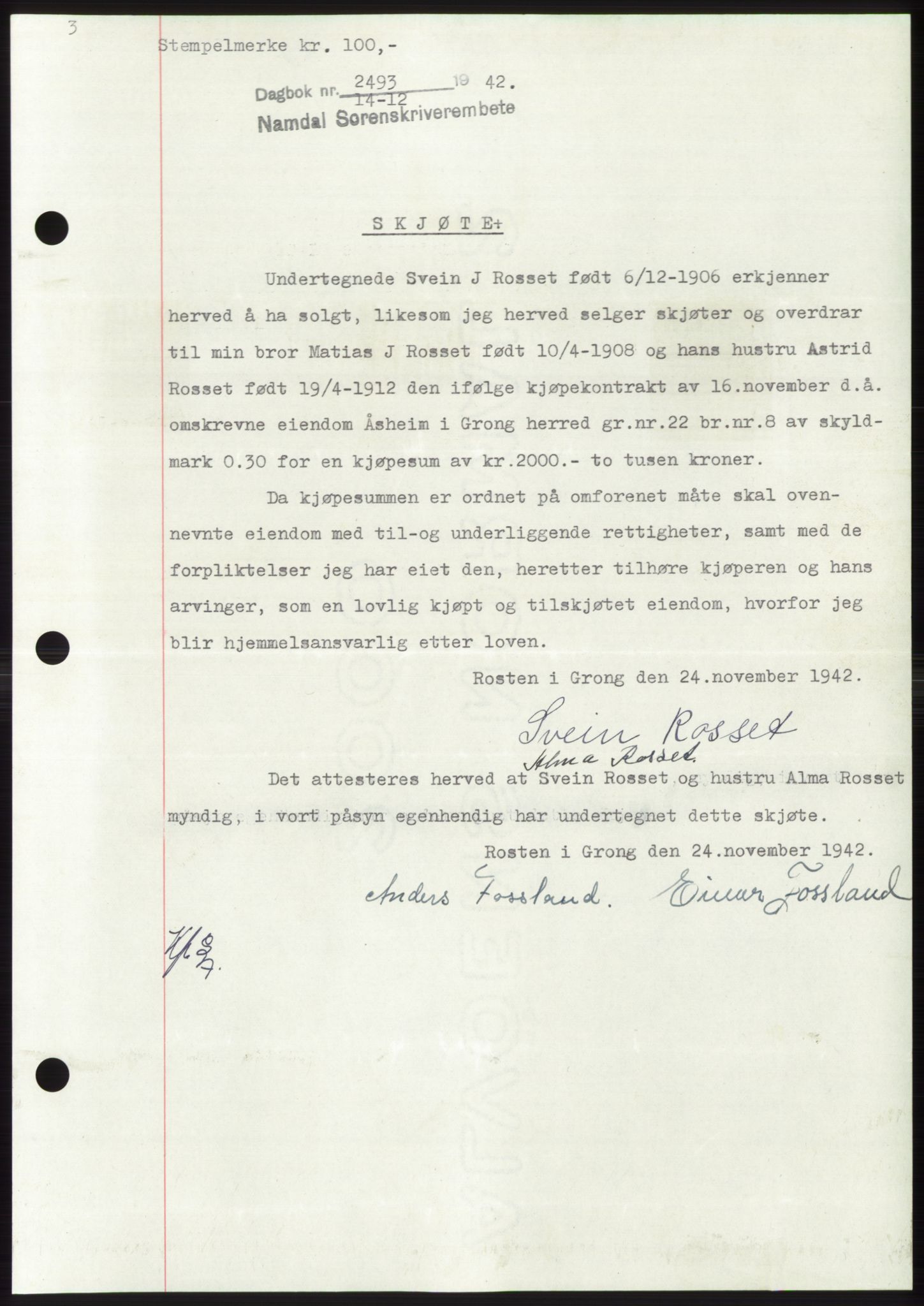 Namdal sorenskriveri, SAT/A-4133/1/2/2C: Pantebok nr. -, 1942-1943, Dagboknr: 2493/1942