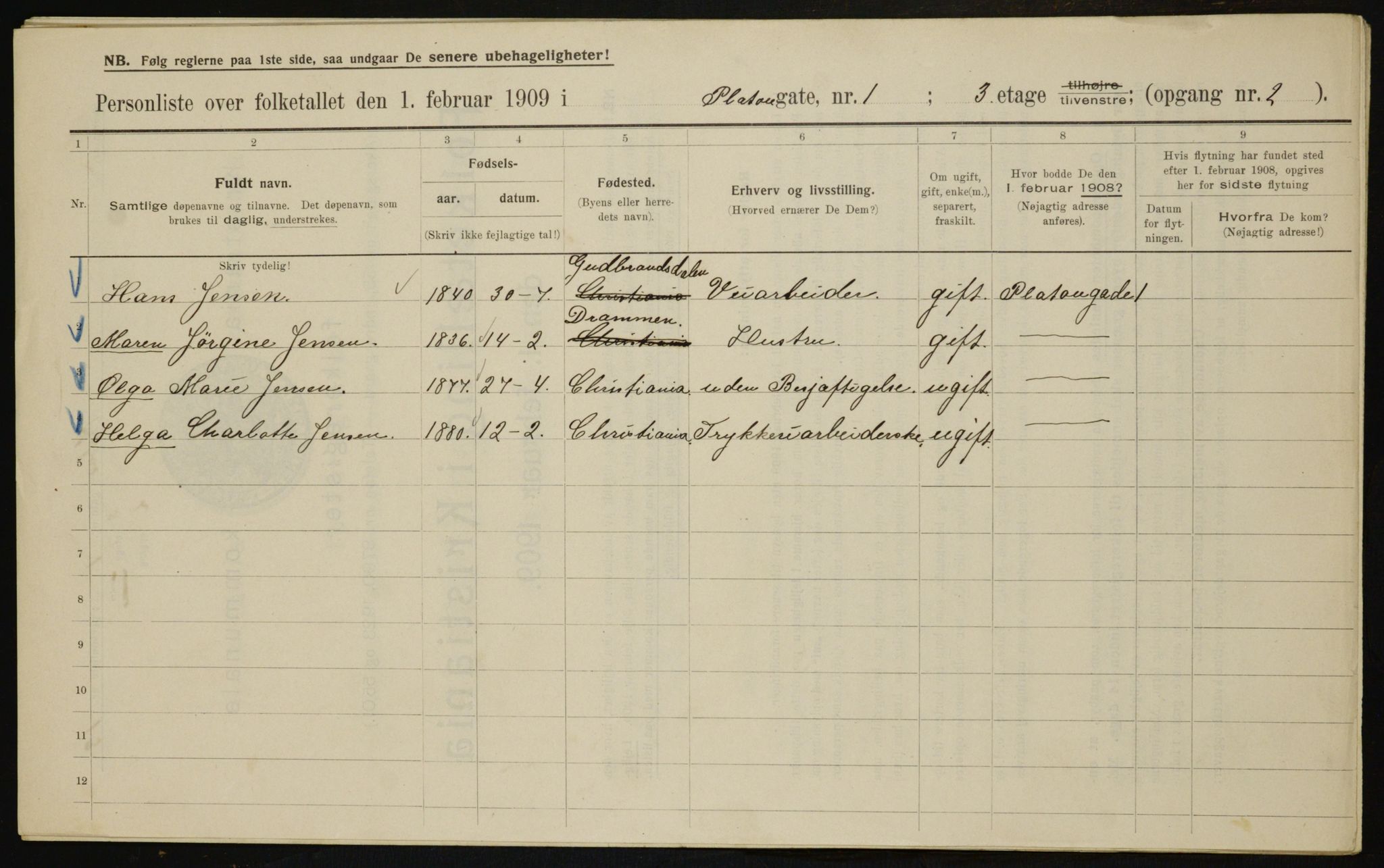 OBA, Kommunal folketelling 1.2.1909 for Kristiania kjøpstad, 1909, s. 72643