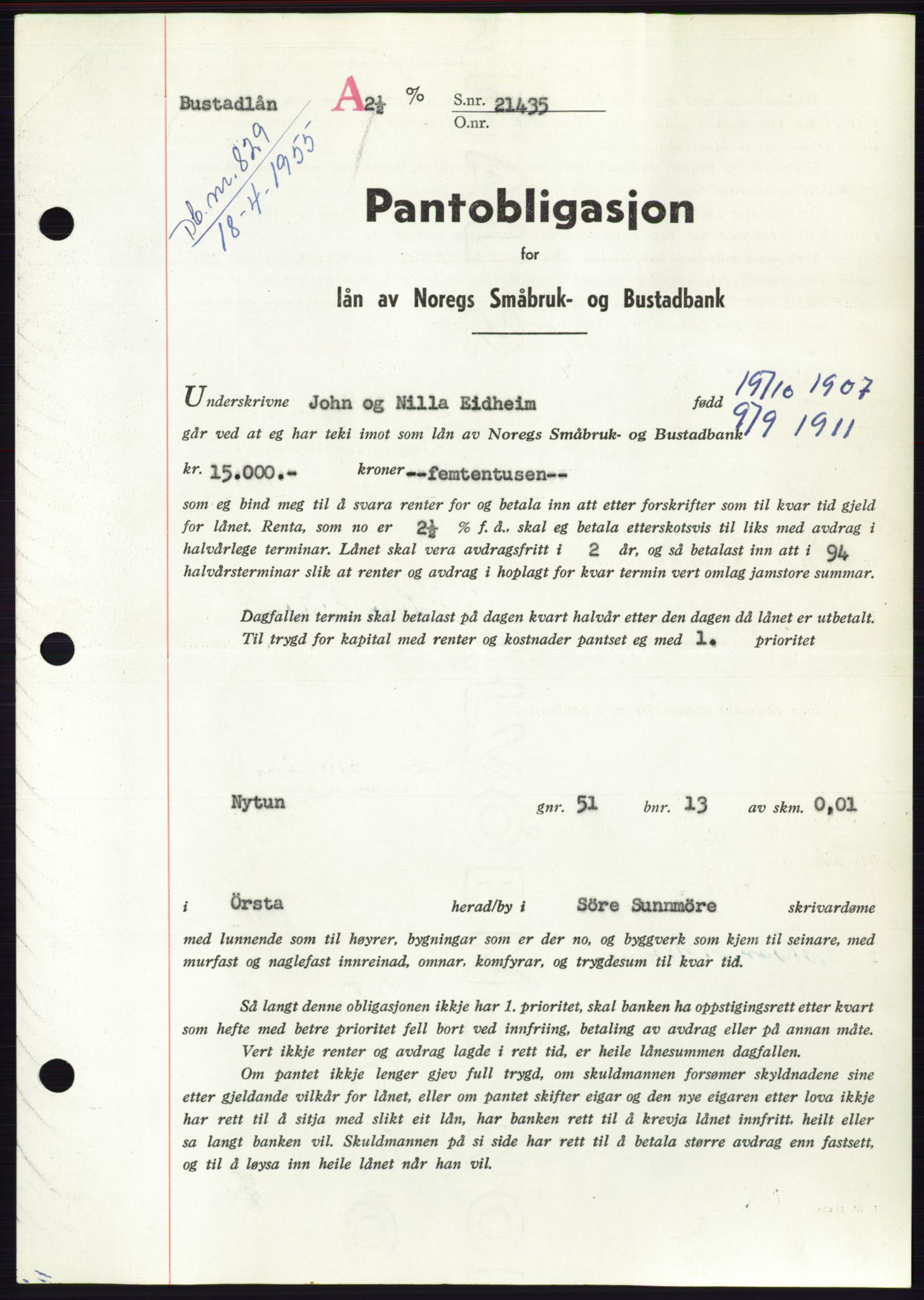 Søre Sunnmøre sorenskriveri, AV/SAT-A-4122/1/2/2C/L0126: Pantebok nr. 14B, 1954-1955, Dagboknr: 829/1955