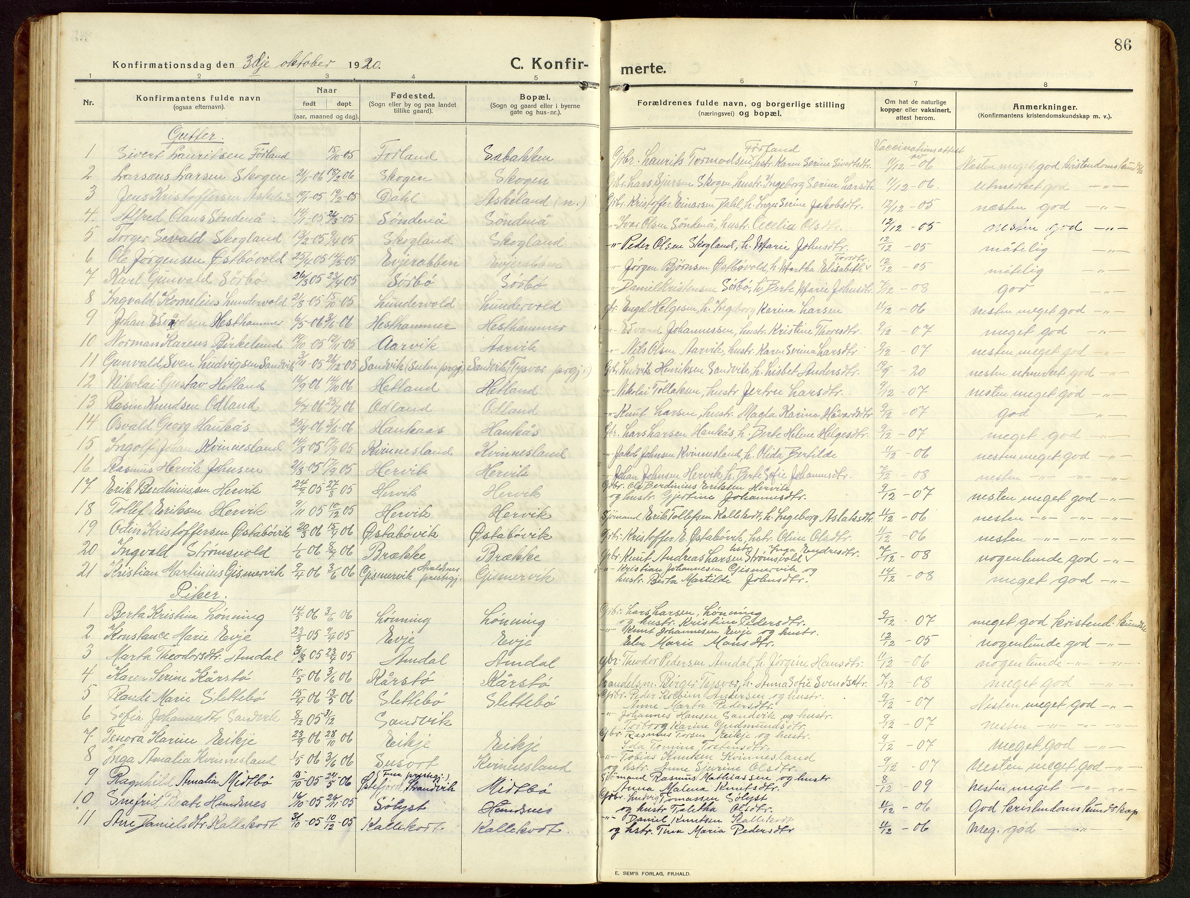 Tysvær sokneprestkontor, SAST/A -101864/H/Ha/Hab/L0011: Klokkerbok nr. B 11, 1913-1946, s. 86