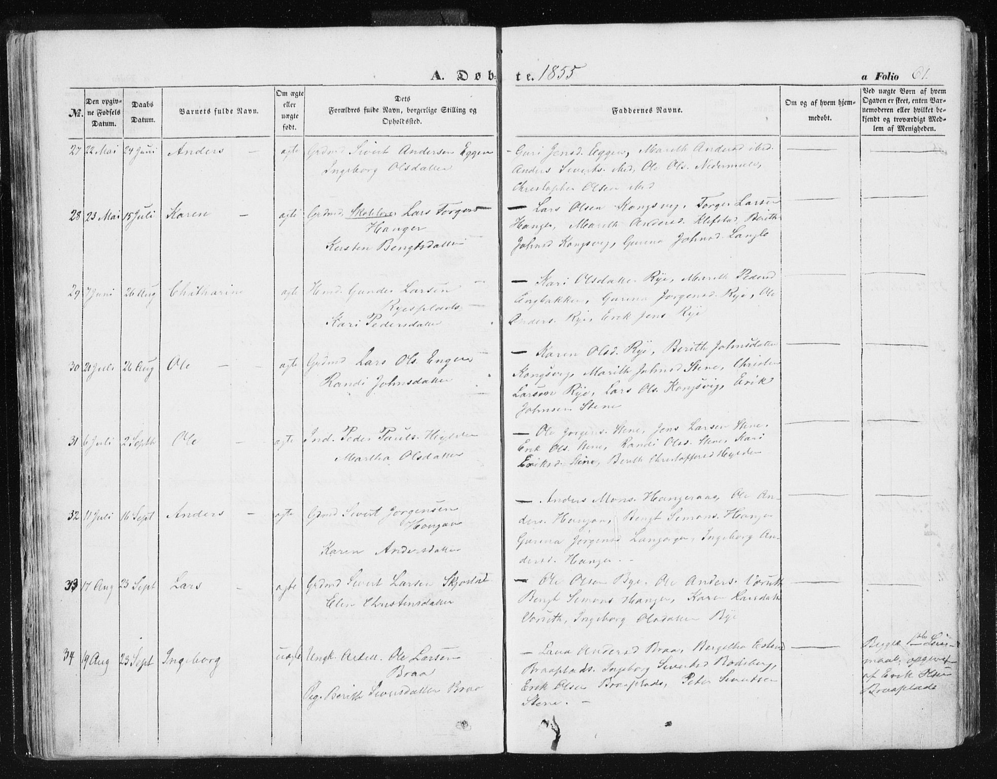 Ministerialprotokoller, klokkerbøker og fødselsregistre - Sør-Trøndelag, AV/SAT-A-1456/612/L0376: Ministerialbok nr. 612A08, 1846-1859, s. 61