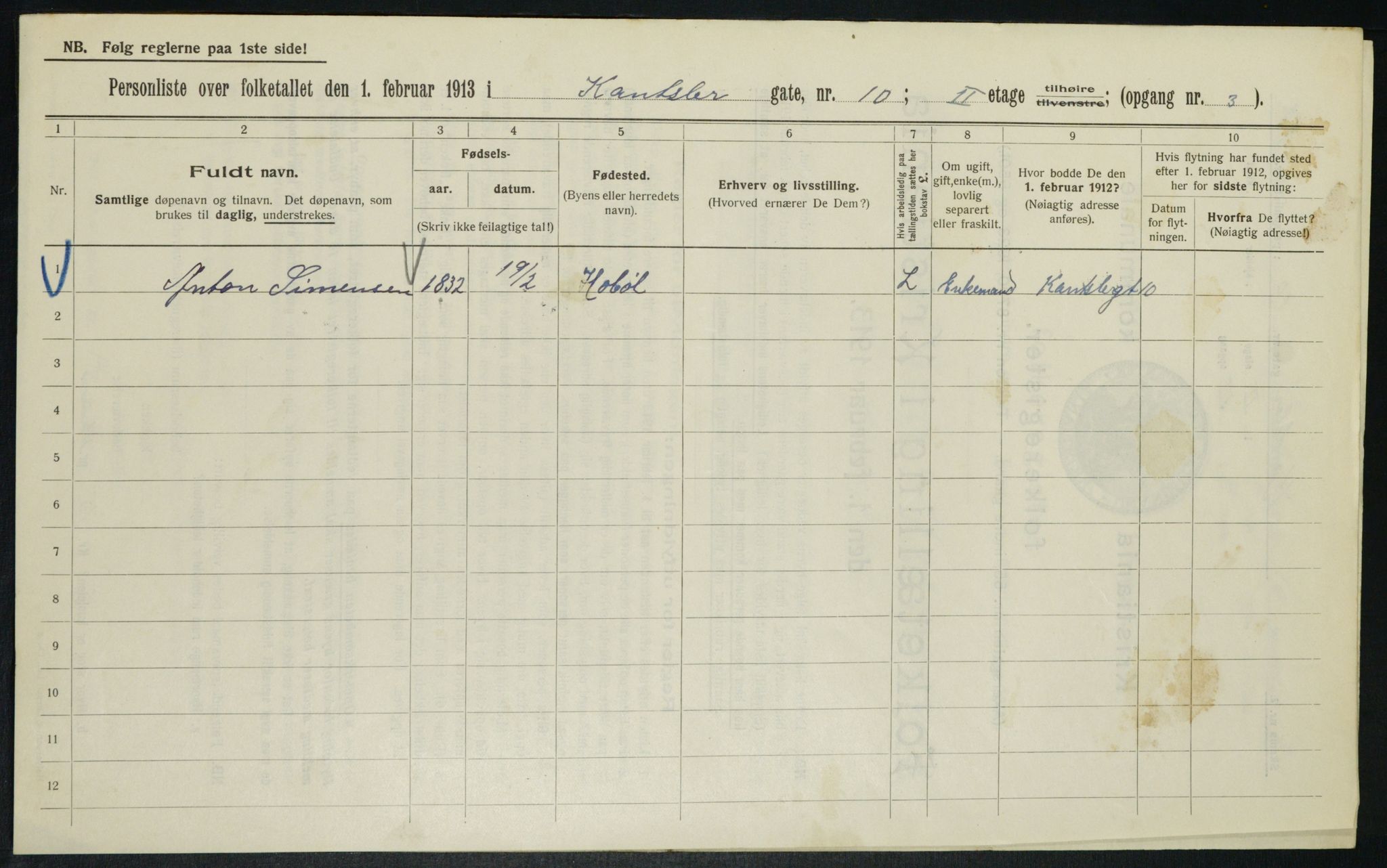 OBA, Kommunal folketelling 1.2.1913 for Kristiania, 1913, s. 47877