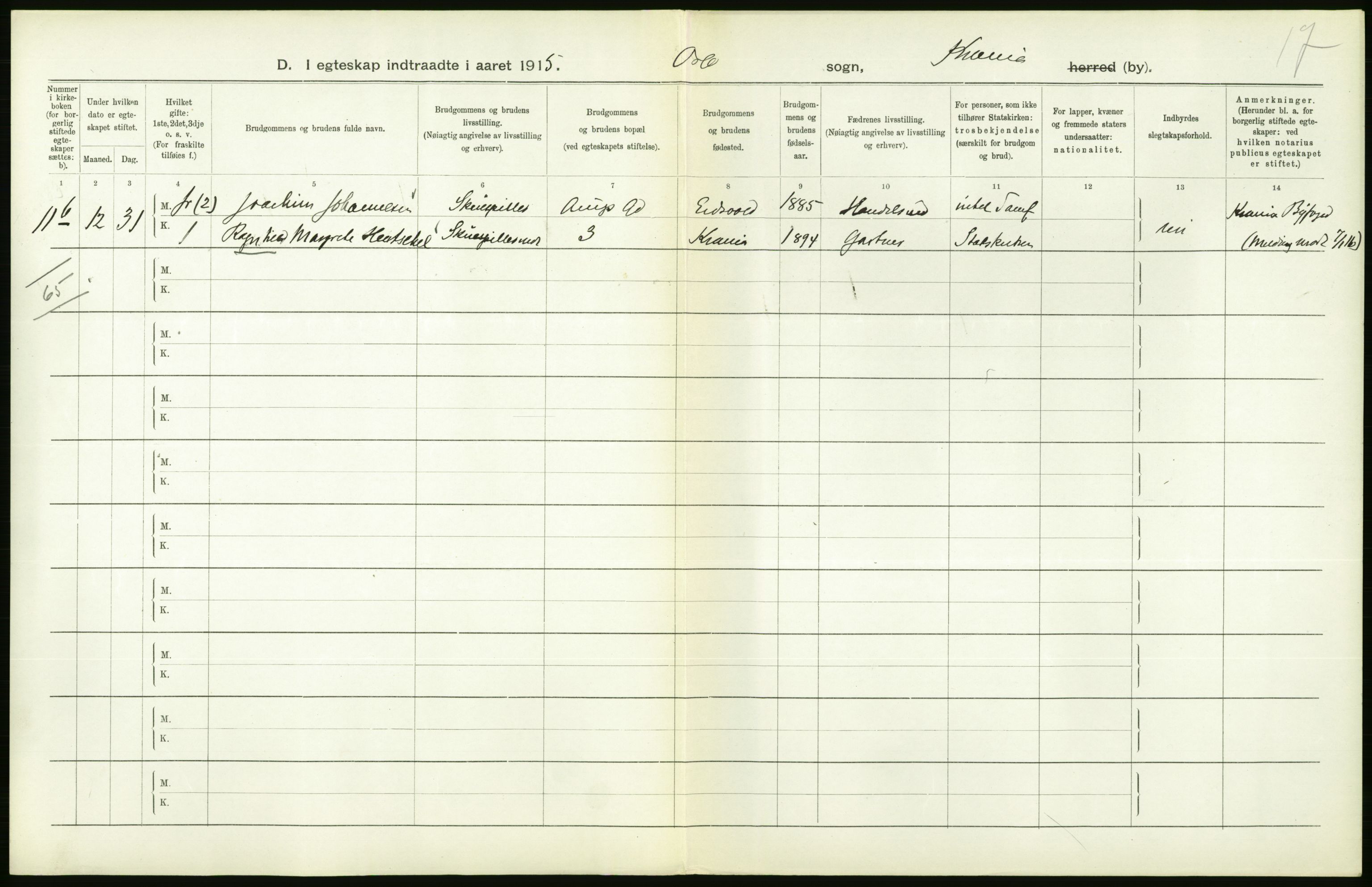 Statistisk sentralbyrå, Sosiodemografiske emner, Befolkning, RA/S-2228/D/Df/Dfb/Dfbe/L0008: Kristiania: Gifte., 1915, s. 600