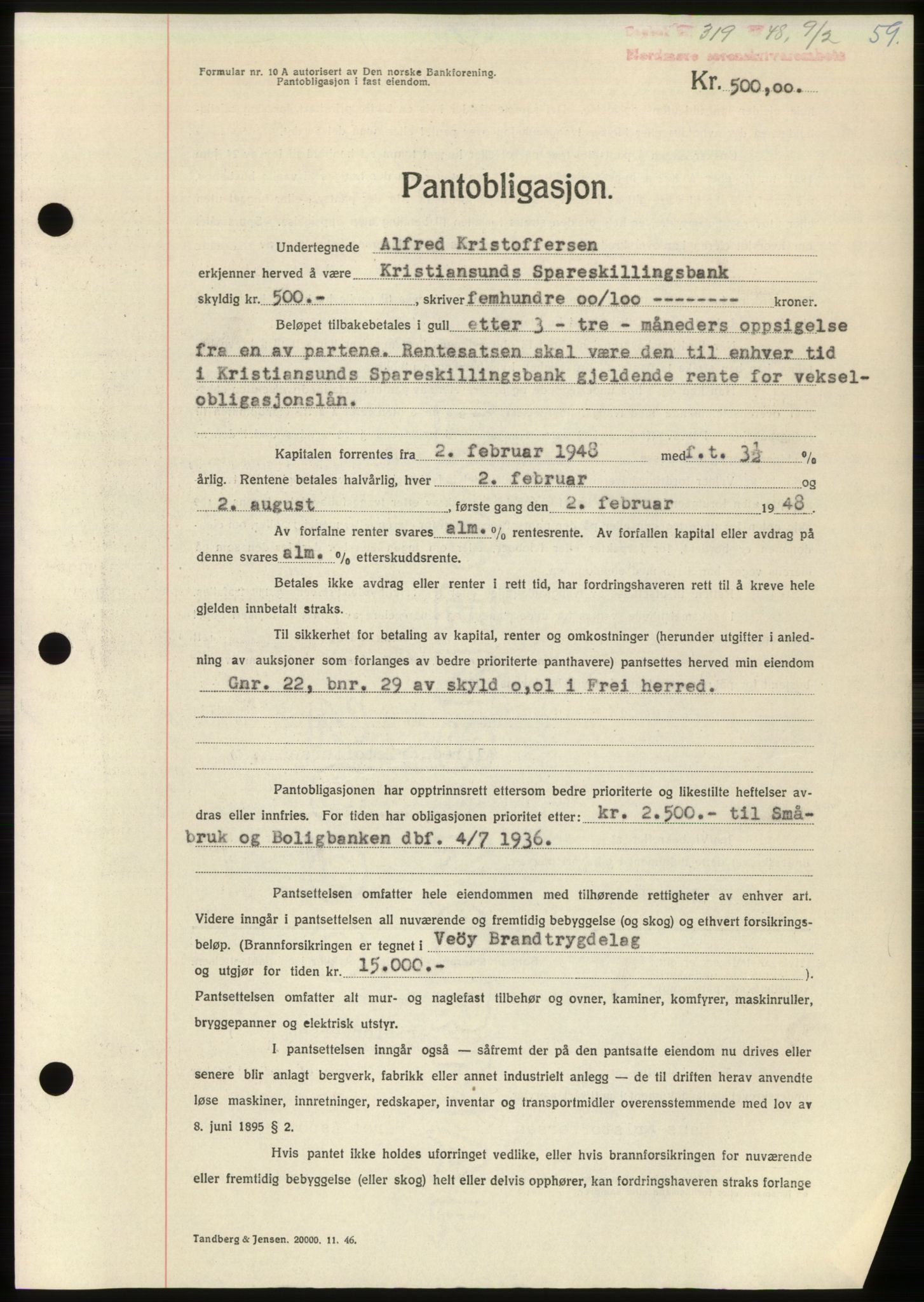 Nordmøre sorenskriveri, SAT/A-4132/1/2/2Ca: Pantebok nr. B98, 1948-1948, Dagboknr: 319/1948