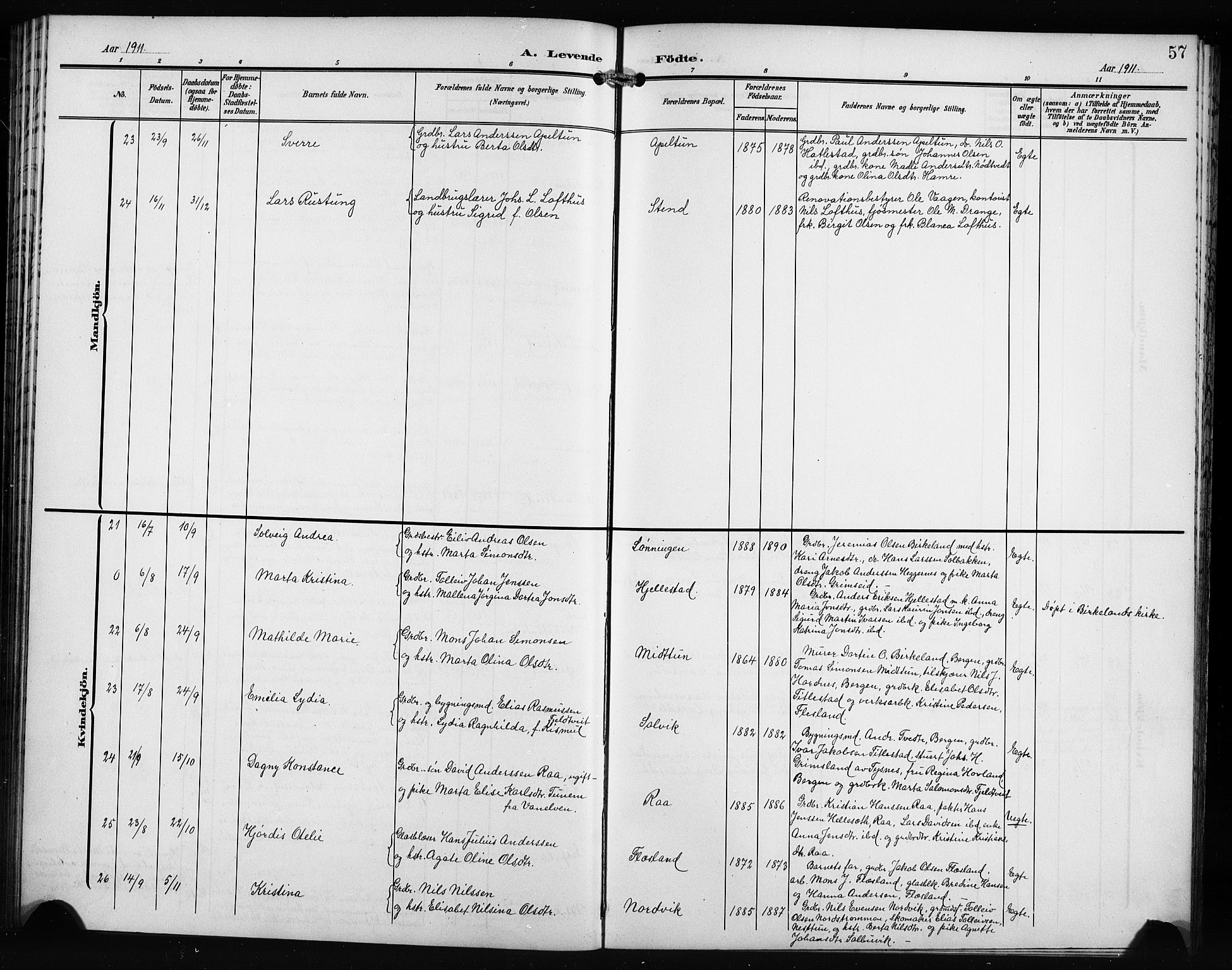 Fana Sokneprestembete, AV/SAB-A-75101/H/Hab/Haba/L0004: Klokkerbok nr. A 4, 1902-1912, s. 57