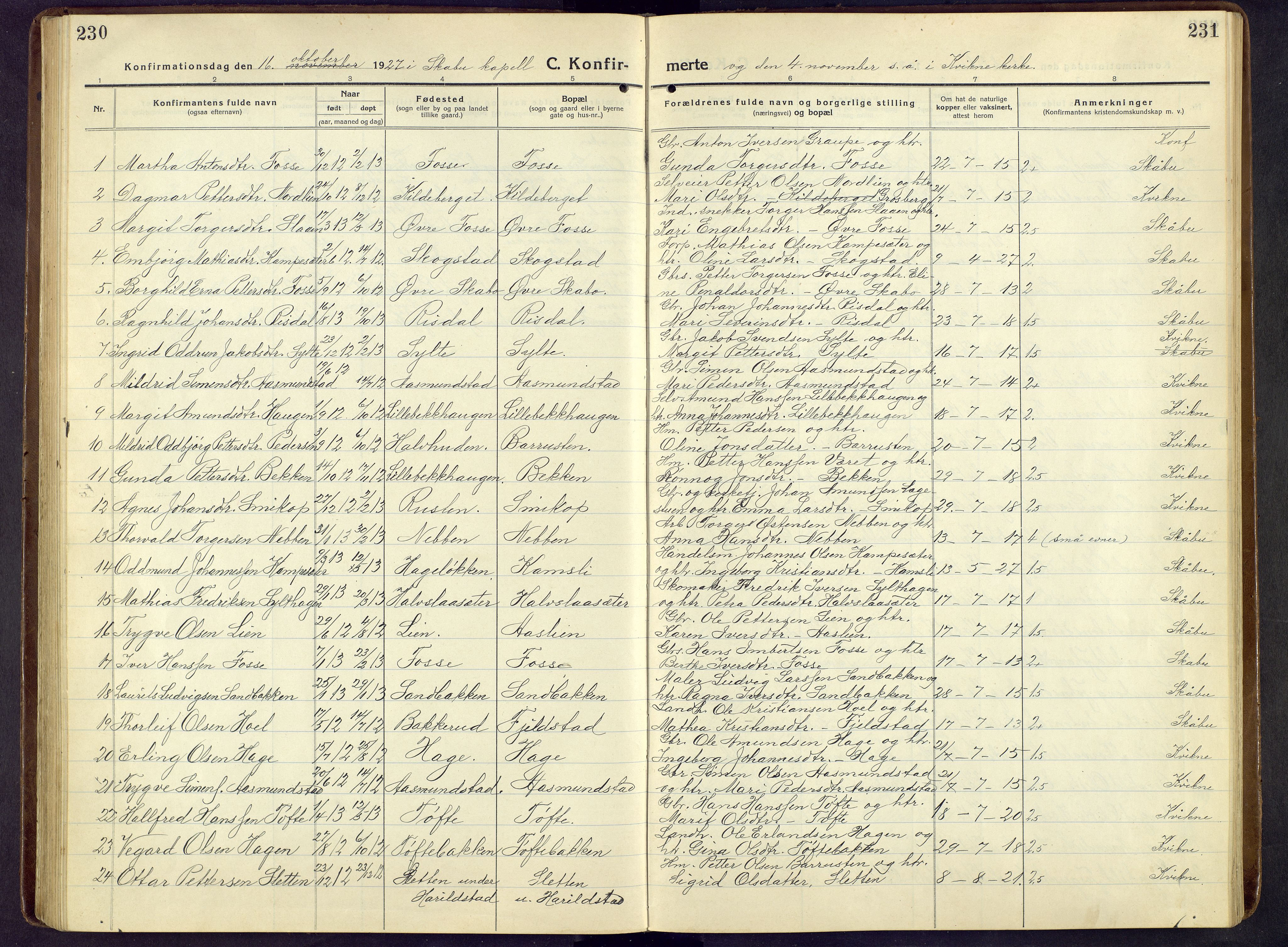 Nord-Fron prestekontor, SAH/PREST-080/H/Ha/Hab/L0009: Klokkerbok nr. 9, 1915-1958, s. 230-231