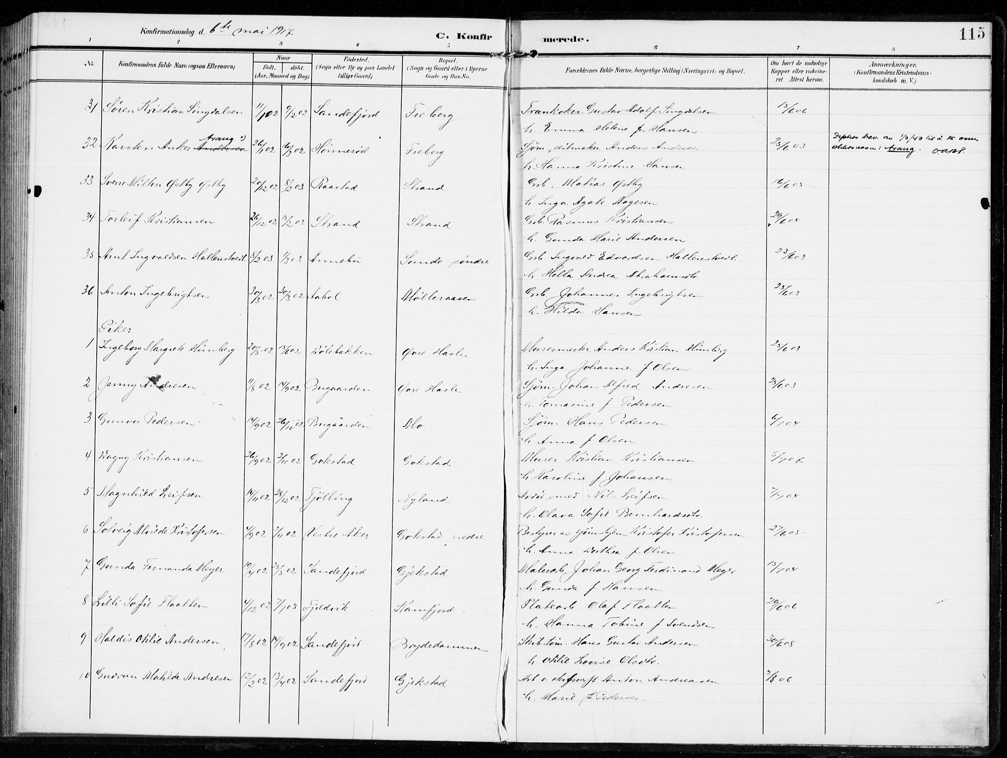 Sandar kirkebøker, AV/SAKO-A-243/F/Fa/L0017: Ministerialbok nr. 17, 1907-1917, s. 115