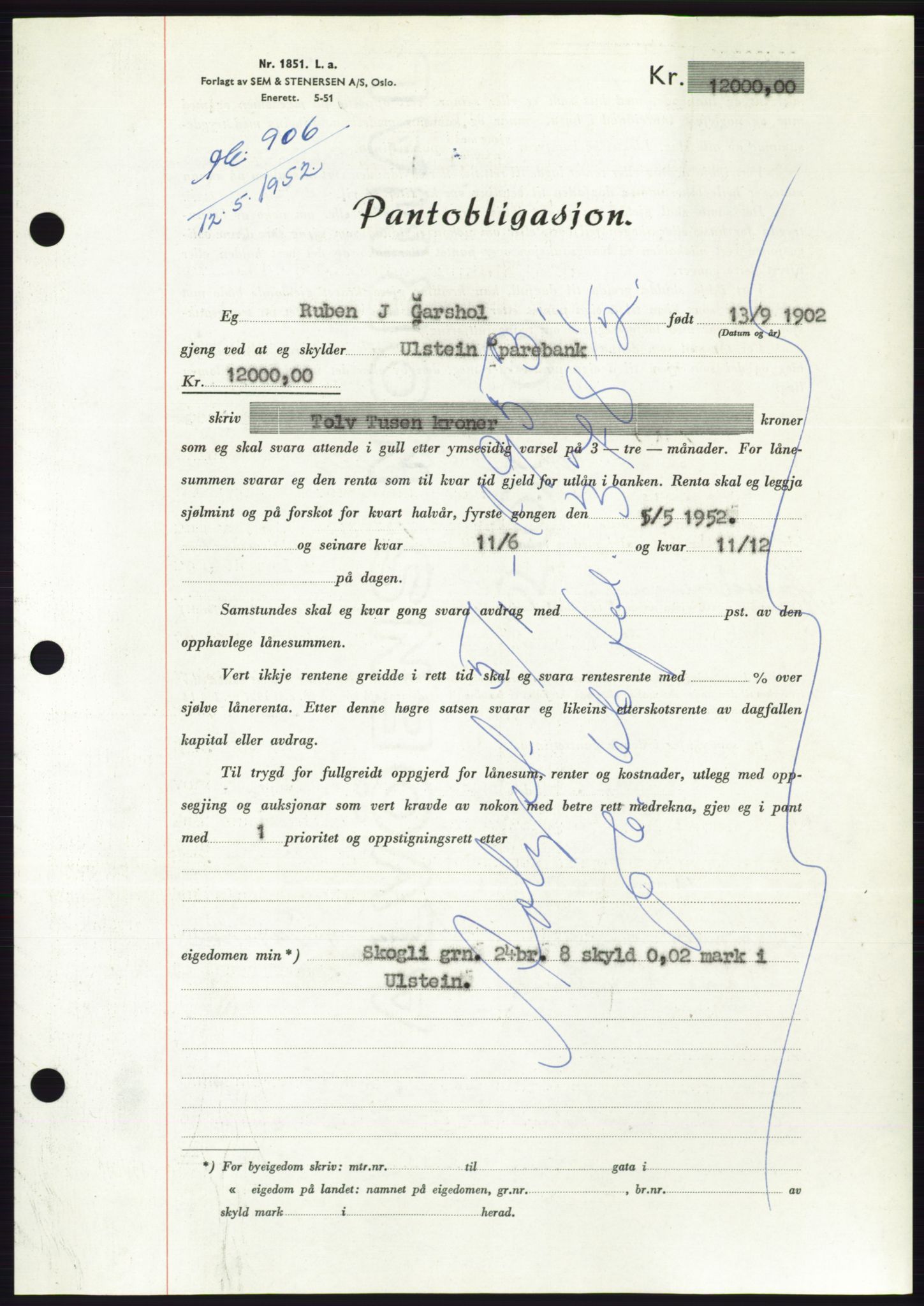 Søre Sunnmøre sorenskriveri, AV/SAT-A-4122/1/2/2C/L0121: Pantebok nr. 9B, 1951-1952, Dagboknr: 906/1952