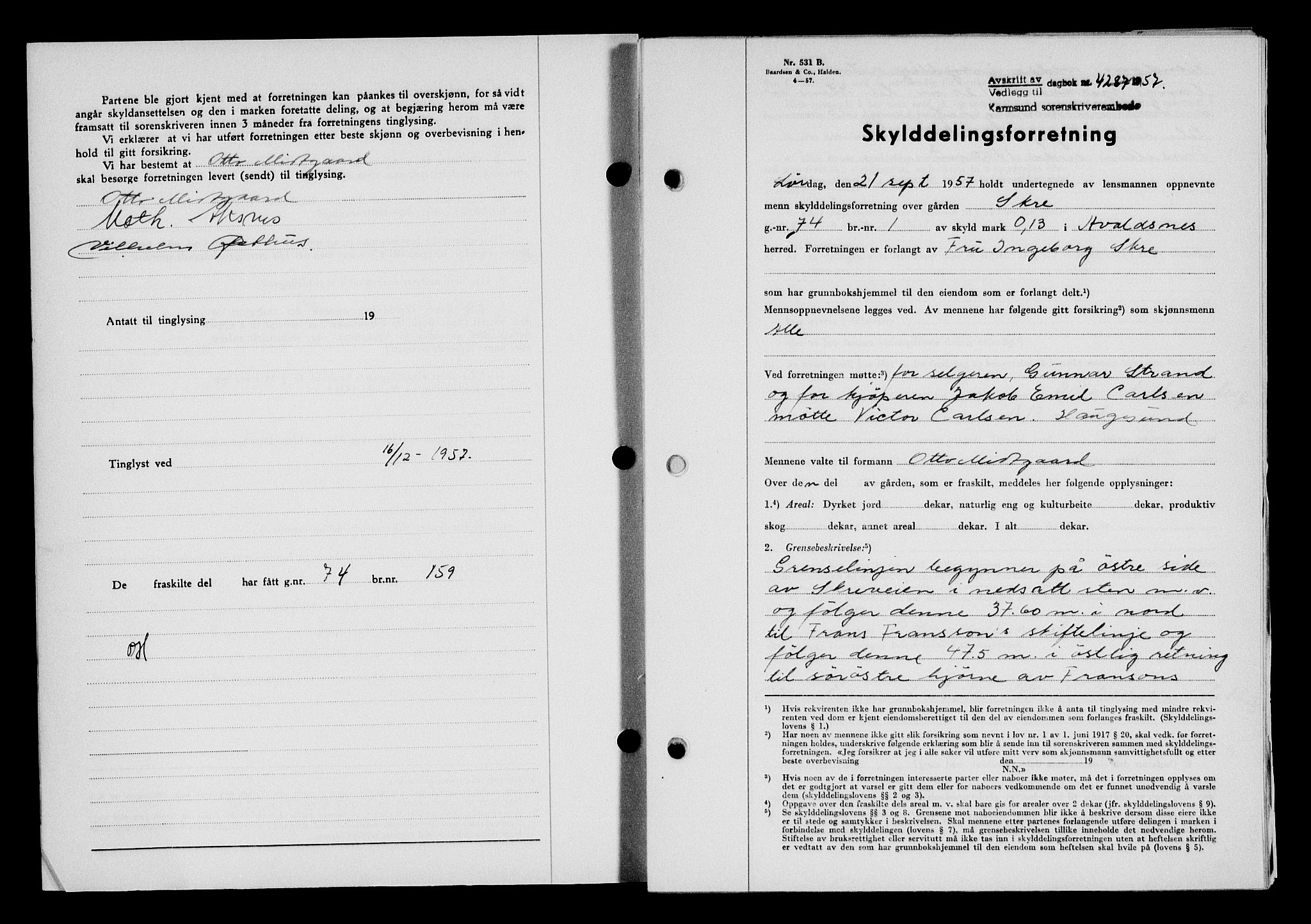 Karmsund sorenskriveri, SAST/A-100311/01/II/IIB/L0127: Pantebok nr. 107A, 1957-1958, Dagboknr: 4287/1957