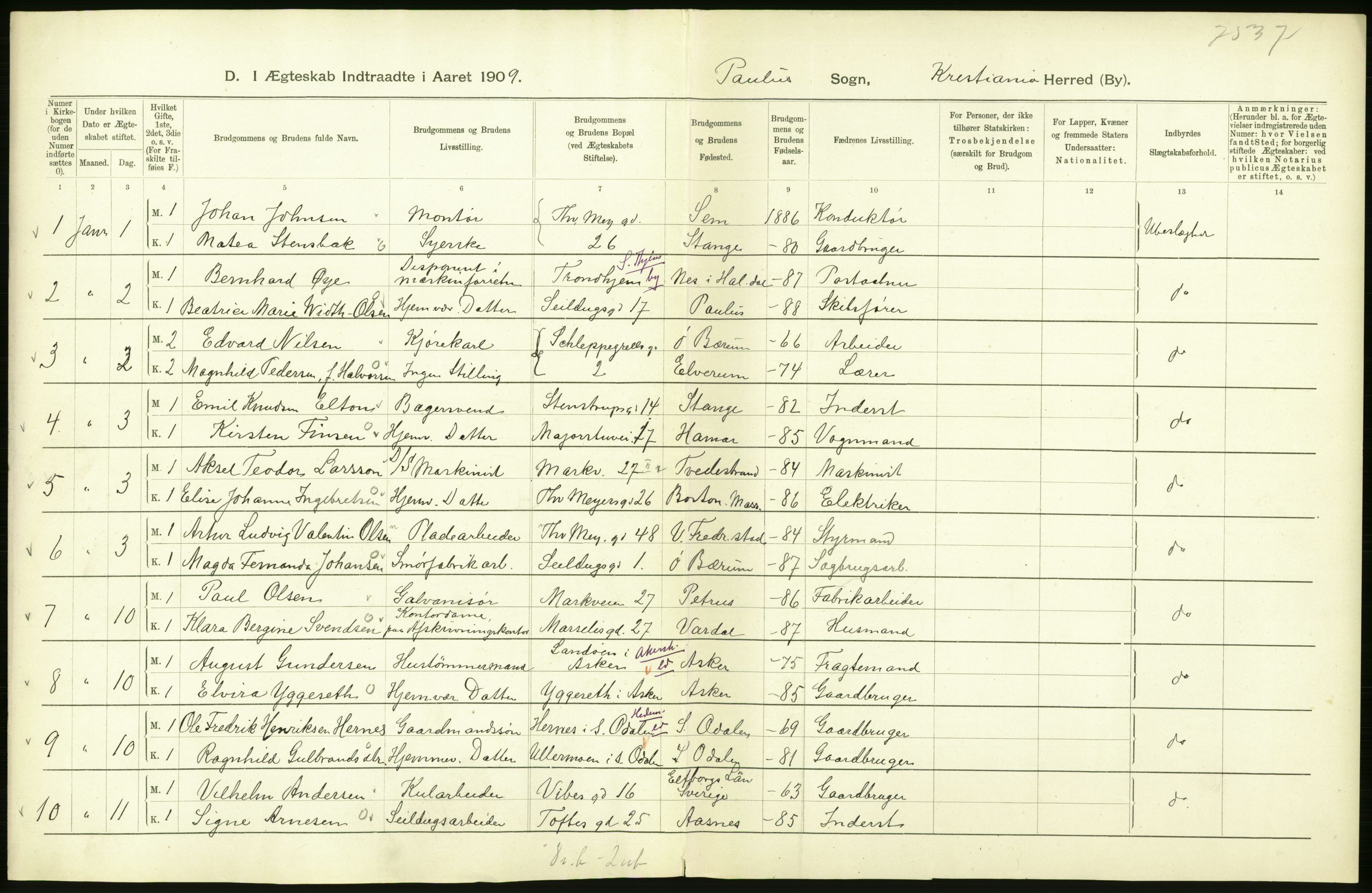 Statistisk sentralbyrå, Sosiodemografiske emner, Befolkning, RA/S-2228/D/Df/Dfa/Dfag/L0008: Kristiania: Gifte., 1909, s. 312