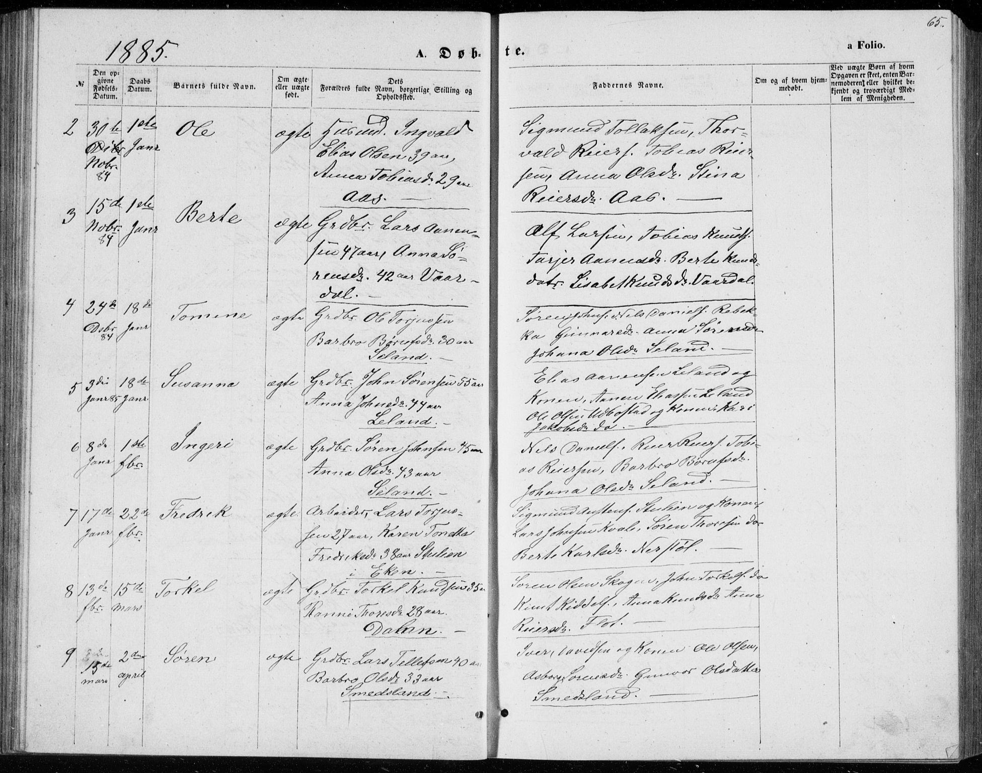 Bjelland sokneprestkontor, SAK/1111-0005/F/Fb/Fbc/L0002: Klokkerbok nr. B 2, 1867-1887, s. 65