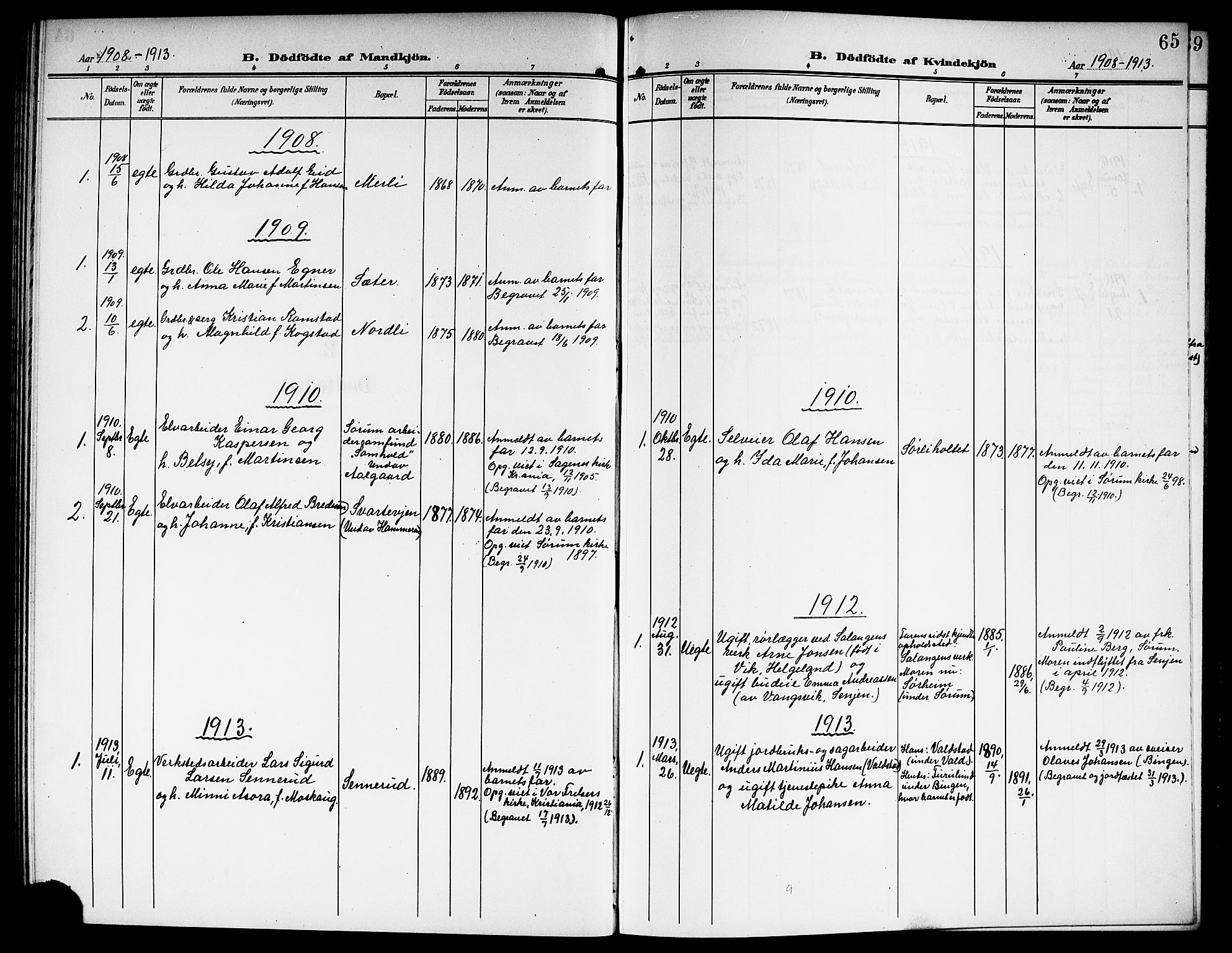 Sørum prestekontor Kirkebøker, SAO/A-10303/G/Ga/L0007: Klokkerbok nr. I 7, 1907-1917, s. 65