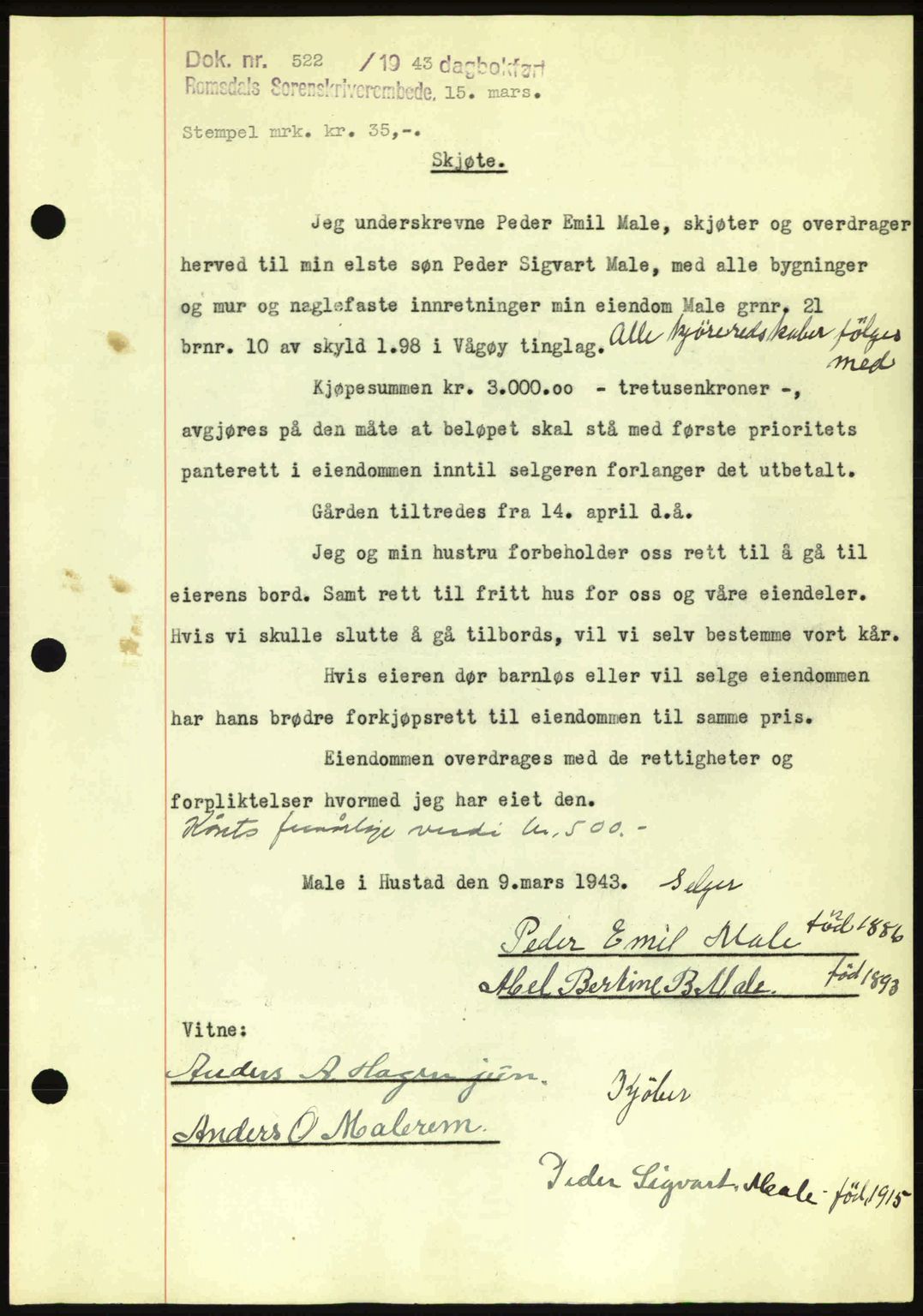 Romsdal sorenskriveri, SAT/A-4149/1/2/2C: Pantebok nr. A14, 1943-1943, Dagboknr: 522/1943