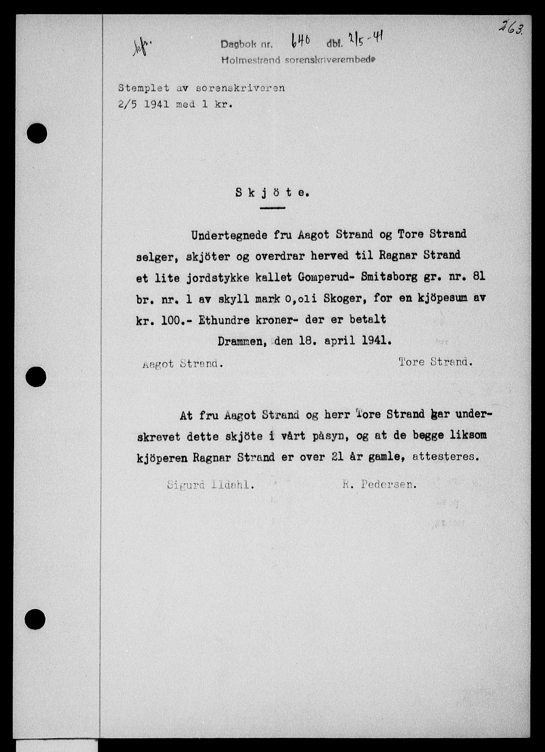 Holmestrand sorenskriveri, SAKO/A-67/G/Ga/Gaa/L0053: Pantebok nr. A-53, 1941-1941, Dagboknr: 640/1941