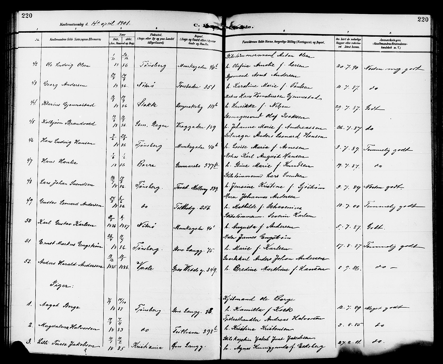Tønsberg kirkebøker, AV/SAKO-A-330/G/Ga/L0007: Klokkerbok nr. 7, 1896-1904, s. 220